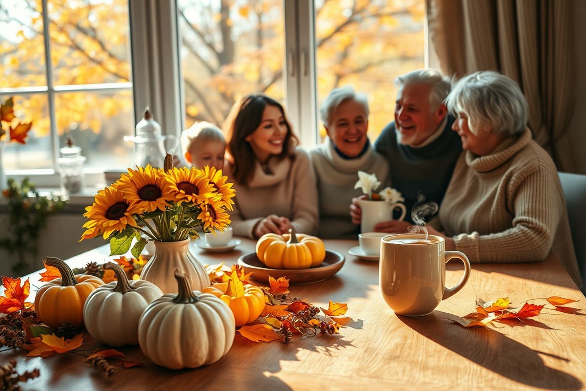 A photorealistic image depicting a serene autumn scene centered around a cozy family setting. In the foreground, a wooden table adorned with a variety of seasonal decorations, including colorful pumpkins, vibrant autumn leaves, and a small vase filled with sunflowers. A warm, inviting atmosphere is created with soft, golden lighting filtering through a nearby window, casting gentle shadows. In the background, a family of diverse ages, including a young child and an elderly person, is gathered around the table, smiling and engaged in a joyful conversation. They are dressed in cozy sweaters, suggesting a chilly day outside, while a steaming cup of tea or cocoa rests on the table. The window reveals a picturesque view of trees with leaves in shades of orange, red, and yellow, emphasizing the beauty of fall. The image captures a sense of warmth, togetherness, and the importance of health and well-being during the flu season, perfectly complementing the message of the flu vaccine’s benefits and the significance of family care and protection.