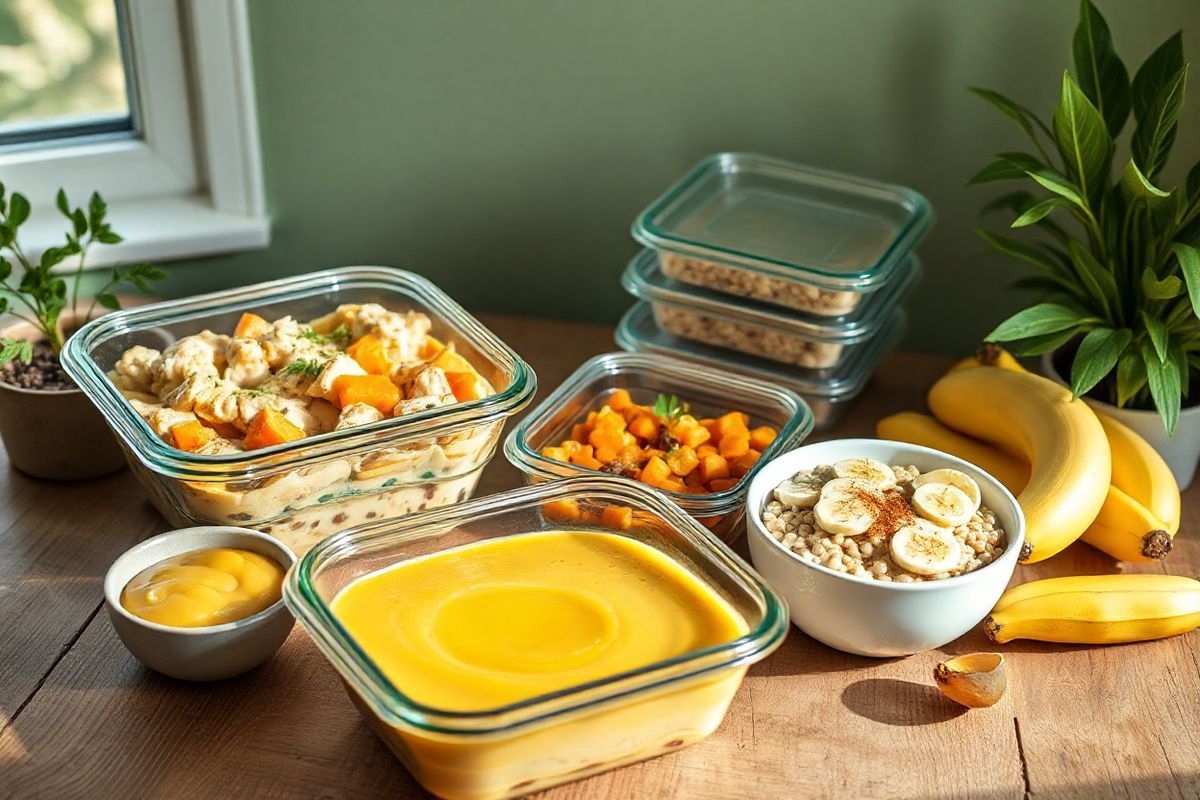 A beautifully arranged meal prep scene is displayed on a rustic wooden table, capturing the essence of healthy eating for those managing Ulcerative Colitis. The image features several glass meal prep containers filled with vibrant, well-cooked ingredients. One container showcases creamy chicken casserole with tender chicken pieces and bright orange diced carrots, while another holds a velvety zucchini soup topped with a sprinkle of fresh herbs. A bowl of banana oatmeal sits nearby, garnished with slices of ripe banana and a dash of cinnamon. The scene is complemented by fresh fruits, such as applesauce in a small bowl and a few ripe bananas, arranged aesthetically on the side.   A soft morning light filters through a nearby window, illuminating the colorful dishes and enhancing the inviting atmosphere. Soft green and beige tones dominate the backdrop, with a subtle hint of greenery from a potted plant in the corner, symbolizing health and vitality. The overall composition evokes a sense of warmth, comfort, and nourishment, ideal for individuals seeking to maintain a gut-friendly diet while managing their health effectively.