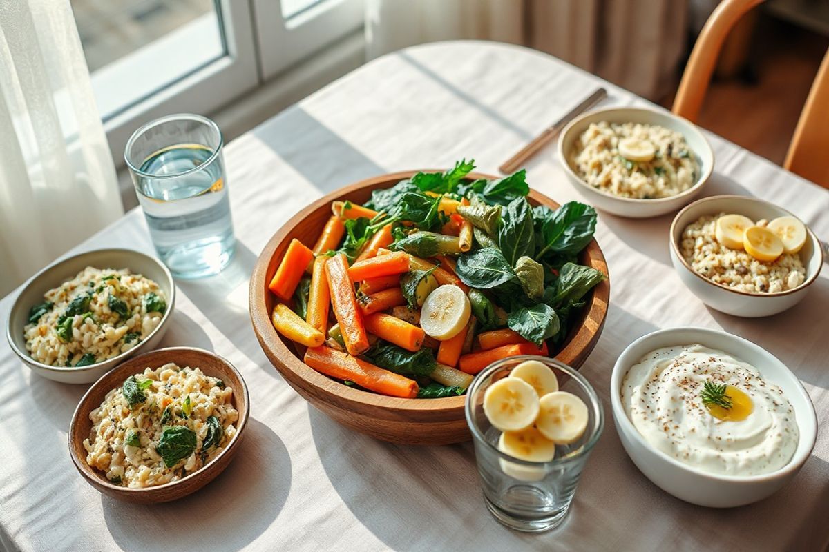 A photorealistic image of a beautifully arranged dining table, focusing on a variety of nourishing, ulcerative colitis-friendly foods. The table is set with a soft, neutral-colored tablecloth, creating a calming atmosphere. In the center, a large wooden bowl displays a vibrant mix of well-cooked vegetables like tender zucchini, golden carrots, and fresh spinach, glistening with a light drizzle of olive oil. Surrounding the bowl are small dishes featuring creamy chicken and rice casserole, a steaming bowl of zucchini and spinach soup, and a plate of fluffy banana oatmeal topped with slices of ripe banana. A glass of clear water with a slice of lemon sits next to a bowl of plain yogurt adorned with a hint of honey. Soft, natural light filters in from a nearby window, casting gentle shadows and highlighting the freshness of the ingredients. The overall composition conveys a sense of warmth, comfort, and health, inviting viewers to appreciate the beauty of wholesome, gut-friendly meals.