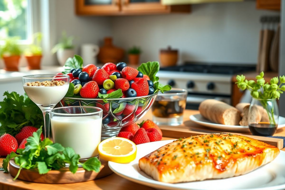 A beautifully arranged table setting that embodies a heart-healthy lifestyle, featuring a variety of colorful fruits and vegetables. The centerpiece is a vibrant bowl filled with fresh, ripe berries—strawberries, blueberries, and raspberries—surrounded by leafy greens like spinach and kale. On one side, there’s an elegant glass of low-fat yogurt, topped with a sprinkle of granola and a few slices of kiwi and banana. A wooden cutting board displays a selection of whole grain bread and a small dish of balsamic vinaigrette. Nearby, a plate showcases a perfectly grilled salmon fillet, glistening with herbs and lemon. The background features a soft-focus view of a sunlit kitchen with warm wooden cabinets and a hint of greenery from potted herbs on the windowsill. Natural light streams in, casting gentle shadows and highlighting the freshness of the food, inviting viewers to embrace a healthy, delicious lifestyle. This inviting scene captures the essence of nutritious eating while promoting the importance of dietary choices for heart health.