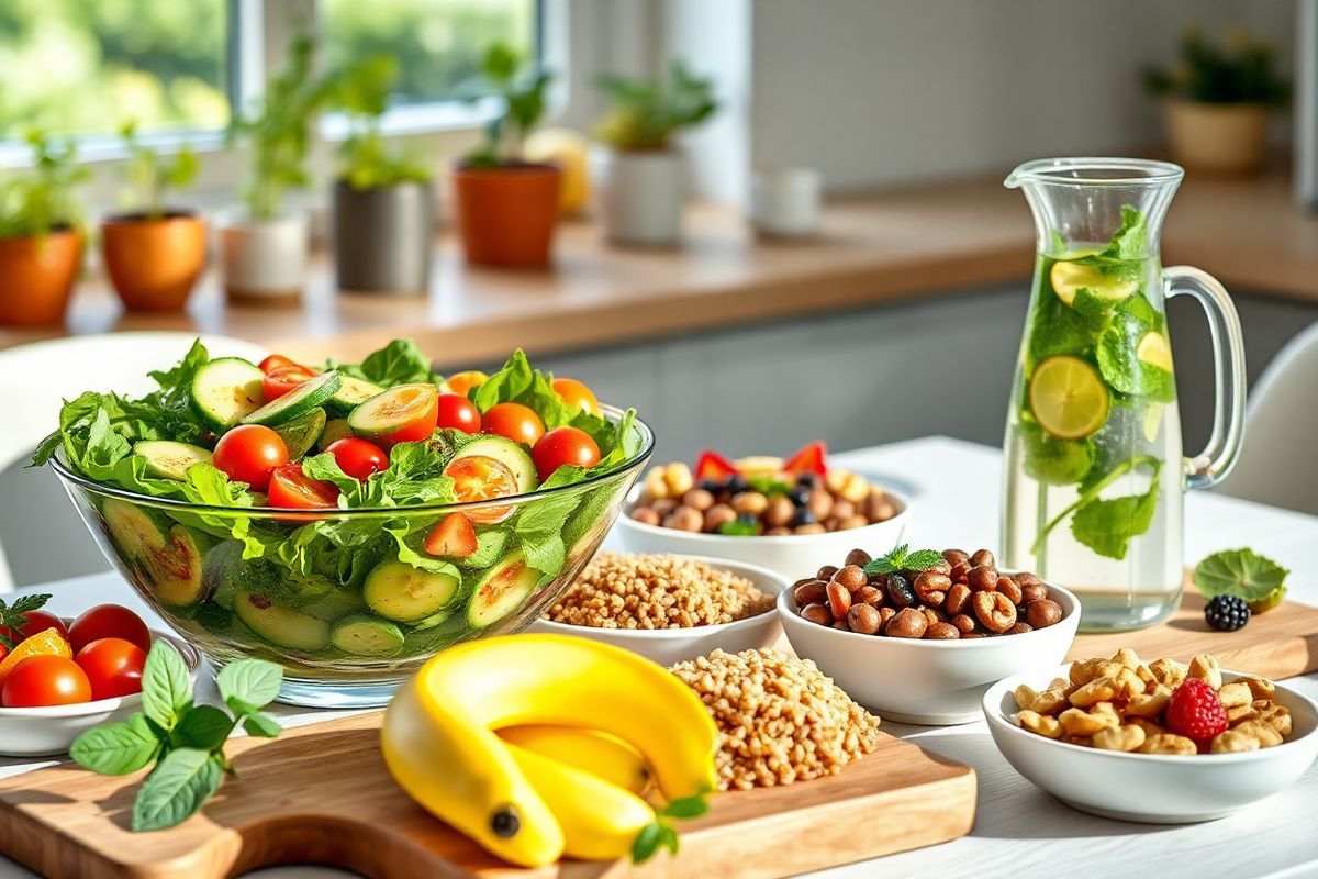 A beautifully arranged table setting featuring a vibrant, heart-healthy meal. The centerpiece is a large, colorful salad bowl filled with an assortment of fresh greens, cherry tomatoes, cucumber slices, and avocados, all drizzled with a light balsamic vinaigrette. Surrounding the salad are small plates of whole grain options, such as quinoa and brown rice, each garnished with herbs. A wooden cutting board displays an array of ripe fruits—bananas, oranges, and berries—alongside a bowl of mixed, unsalted nuts. A glass pitcher of infused water, filled with lemon slices and fresh mint leaves, stands prominently on the table. The background is softly blurred, showcasing a sunlit kitchen with potted herbs on the windowsill, emphasizing a warm and inviting atmosphere. The overall color palette is bright and fresh, with greens, yellows, and reds dominating, evoking a sense of health and vitality. The image captures the essence of a heart-healthy lifestyle, inviting viewers to embrace nutritious food choices in a beautifully presented manner.