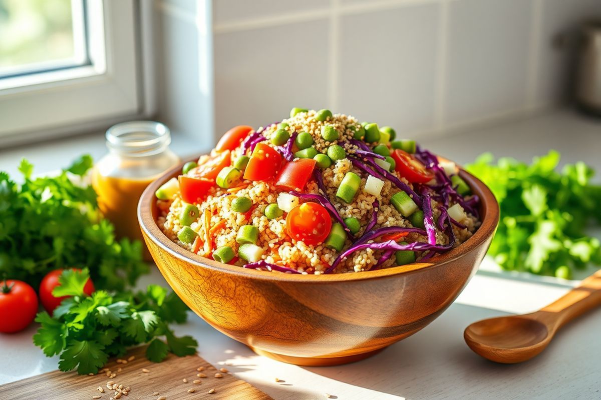 A vibrant, photorealistic image of a beautifully arranged quinoa salad in a rustic wooden bowl sits on a sunlit kitchen countertop. The salad showcases a colorful medley of ingredients: fluffy tri-color quinoa, finely diced cucumbers, shredded carrots, and deep purple red cabbage, all glistening with a light drizzle of sesame oil. Bright green slices of green onions and red bell pepper are scattered throughout, adding a fresh crunch to the dish. Juicy cherry tomatoes, cut into quarters, add bursts of red, while cooked edamame provides a hint of green. A sprinkle of crushed wasabi peas sits atop the salad, offering a pop of texture. Surrounding the bowl are fresh herbs, like cilantro, and a small jar of the dressing, highlighting its rich, glossy texture. The background features soft, natural light streaming through a window, casting gentle shadows that enhance the freshness of the ingredients. The countertop is adorned with a few scattered sesame seeds and a wooden spoon, inviting the viewer to take a closer look and enjoy this healthy, nutrient-packed meal.