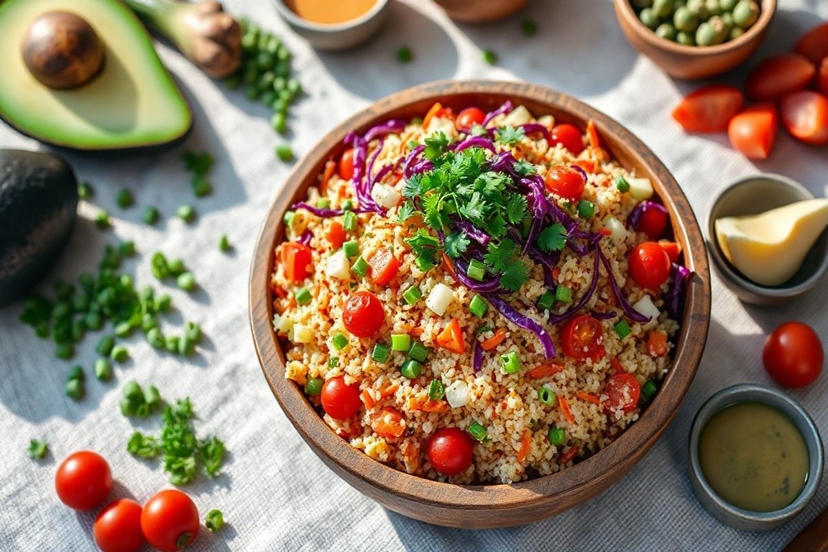 A beautifully arranged quinoa salad sits in a rustic, wooden bowl, showcasing a vibrant mix of colors and textures. The base of fluffy, tri-color quinoa is adorned with finely diced cucumber, shredded orange carrot, and deep purple red cabbage. Bright red cherry tomatoes, quartered, add juicy pops of color, while green onions bring a fresh crunch. Shelled edamame, glistening with a light sheen, and finely chopped red bell pepper add a touch of green and sweetness, respectively. A sprinkle of fresh cilantro delicately garnishes the top, complementing the other vibrant ingredients. Crushed wasabi peas are scattered on top for an added crunch, creating a contrast against the fresh ingredients. Surrounding the bowl are additional ingredients like sliced avocados and small bowls of the dressing, highlighting the preparation process. Soft, natural light filters through, casting gentle shadows and emphasizing the freshness of the ingredients. The background features a textured, linen tablecloth, enhancing the rustic charm and inviting the viewer to enjoy this deliciously healthy dish.