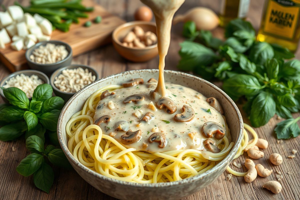 A beautifully arranged photorealistic scene featuring a bowl of creamy vegan mushroom-parmesan sauce, elegantly drizzled over a bed of spiralized zucchini noodles. The sauce has a rich, velvety texture, with flecks of sautéed garlic and golden-brown mushrooms visible throughout. Surrounding the bowl are fresh ingredients: a handful of vibrant, green basil leaves, a small dish of nutritional yeast, and a scattering of soaked cashews. A rustic wooden table serves as the backdrop, adding warmth to the composition. Soft, natural lighting illuminates the scene, highlighting the glossy sheen of the sauce and the freshness of the zucchini noodles. In the background, a hint of a cutting board with chopped onions and garlic, along with a bottle of olive oil, suggests the preparation process. This inviting arrangement not only showcases the delicious and healthy nature of the dish but also emphasizes the vibrant colors and textures of the ingredients, making it a feast for the eyes as well as the palate.