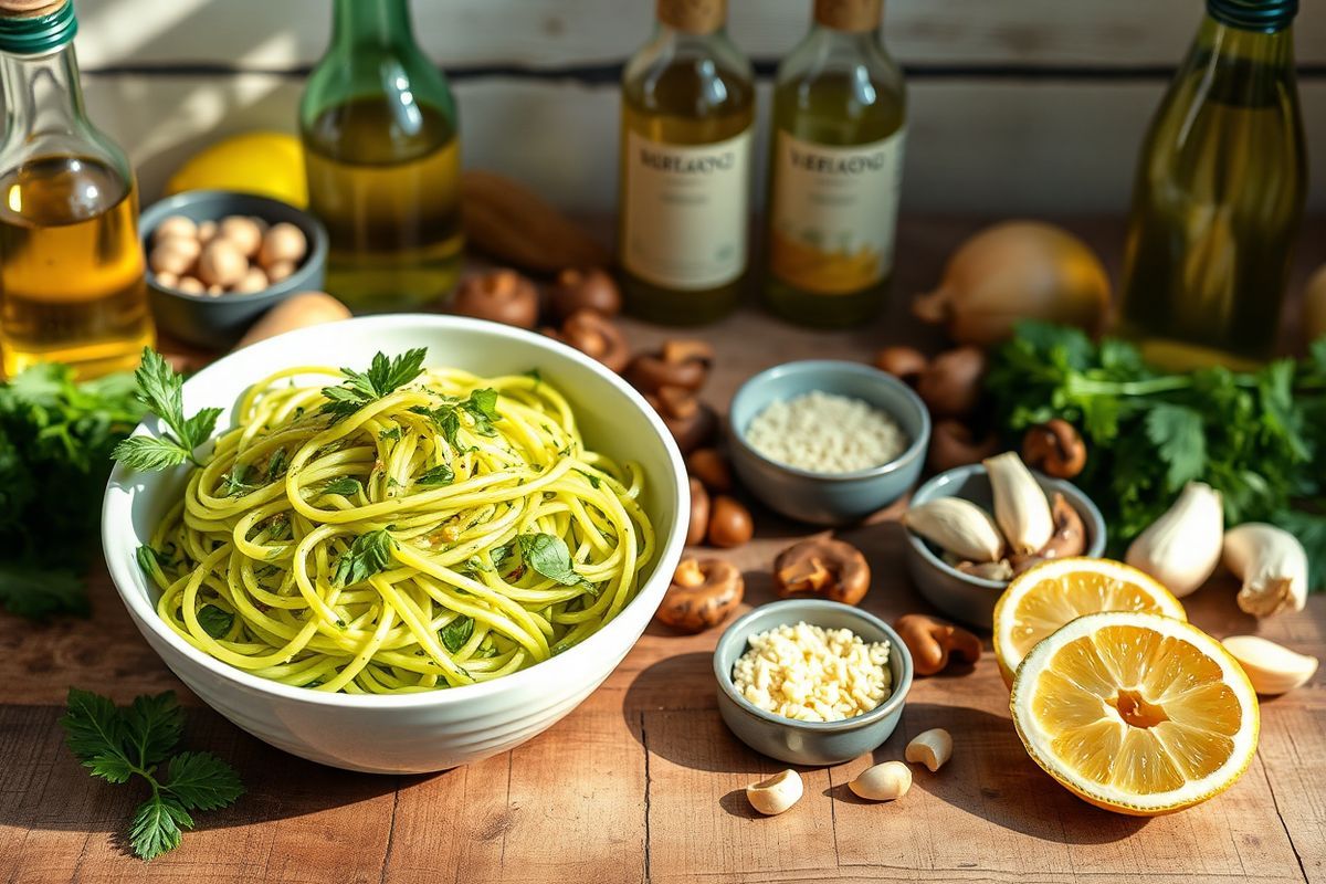 A beautifully arranged photorealistic image featuring a vibrant bowl of zucchini noodles, elegantly spiralized and showcasing their fresh, green color. The zoodles are lightly sautéed, glistening with a drizzle of golden olive oil, and adorned with a sprinkle of bright green fresh herbs such as basil and parsley. Surrounding the bowl, there are various colorful ingredients that hint at a delicious creamy vegan mushroom-parmesan sauce: plump, sautéed mushrooms in shades of brown, raw cashews soaking in a small dish, a bottle of olive oil, and a few cloves of garlic. In the background, a rustic wooden table sets a warm, inviting atmosphere, while natural light filters in, casting soft shadows and highlighting the freshness of the ingredients. The scene is completed with a small bowl of nutritional yeast and a lemon cut in half, adding a pop of color and hinting at the sauce’s tangy flavor. This composition not only emphasizes the healthiness of zucchini noodles but also evokes a sense of culinary creativity and deliciousness, perfect for attracting those interested in healthy cooking.