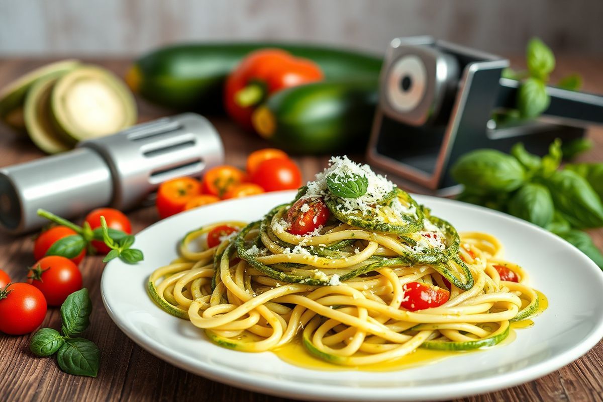 A vibrant, photorealistic image of a beautifully arranged plate featuring zucchini noodles, also known as “zoodles,” elegantly spiraled and topped with a rich, creamy pesto sauce. The zoodles are garnished with freshly grated Parmesan cheese, adding a touch of elegance. Surrounding the plate are colorful cherry tomatoes, sliced bell peppers, and fresh basil leaves, showcasing the dish’s nutritional appeal. A drizzle of olive oil glistens on the plate, enhancing the visual appeal. The background is softly blurred, highlighting a rustic wooden table setting with a subtle hint of natural light filtering in, creating a warm and inviting atmosphere. A few whole zucchinis and a spiralizer can be seen in the background, emphasizing the fresh ingredients used in the dish. The overall composition exudes a sense of health and indulgence, perfectly capturing the essence of a keto-friendly meal.