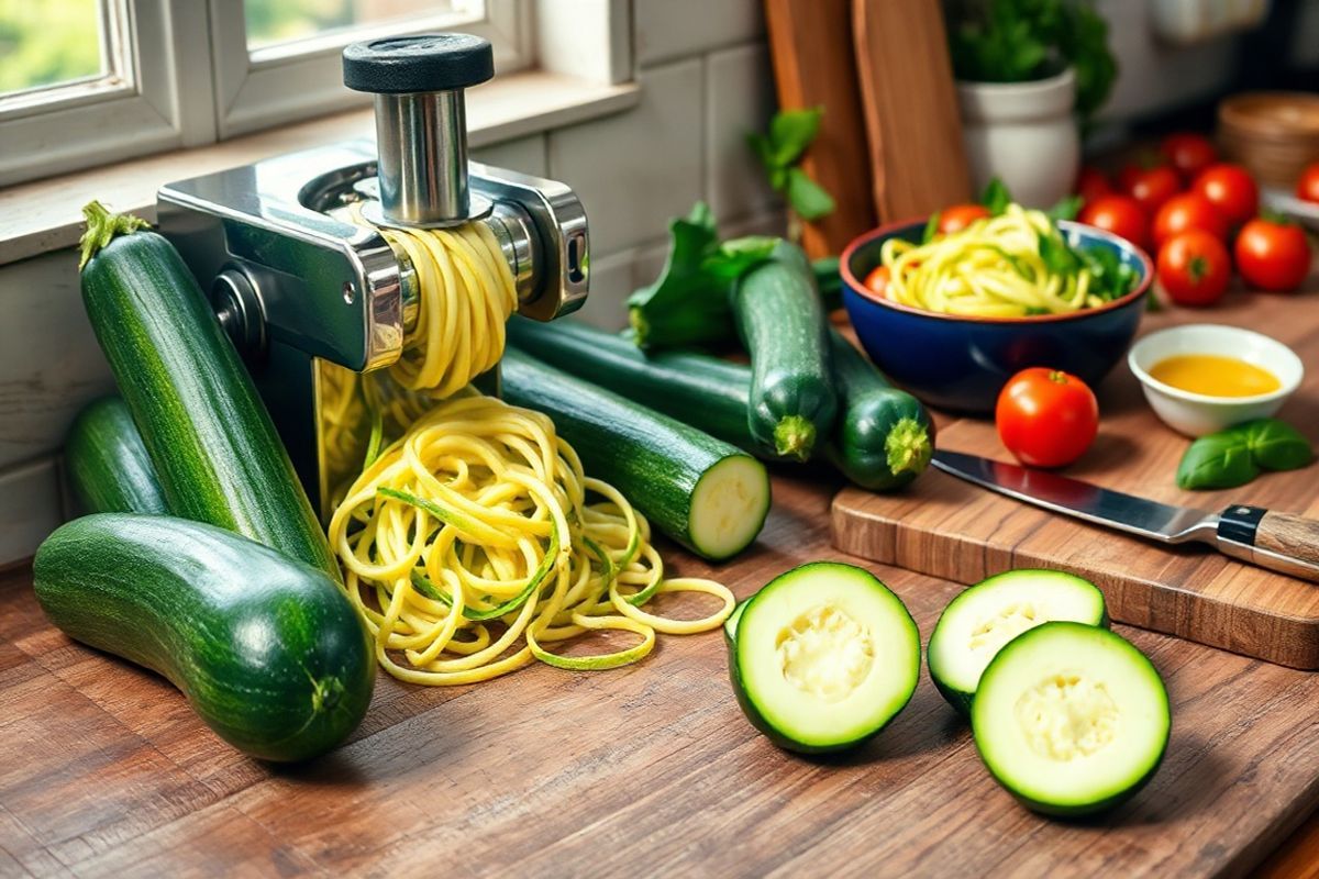 A beautifully arranged kitchen scene featuring a rustic wooden countertop adorned with fresh, vibrant zucchini. The zucchini, in varying sizes and shades of green, are artfully placed next to a spiralizer, showcasing the process of creating zucchini noodles. In the background, a bowl filled with glistening, spiralized zoodles sits ready for cooking, surrounded by colorful ingredients such as ripe cherry tomatoes, fresh basil leaves, and a small dish of olive oil. Soft, natural light filters through a nearby window, casting gentle shadows and highlighting the glossy textures of the vegetables. A cutting board with a knife rests nearby, with one half of a freshly sliced zucchini revealing its tender, moist flesh. The scene exudes a warm, inviting atmosphere, emphasizing the simplicity and healthiness of preparing zucchini noodles, while hinting at the delicious keto-friendly dish that awaits. The overall composition captures the essence of cooking with fresh produce, evoking a sense of homeliness and culinary creativity.