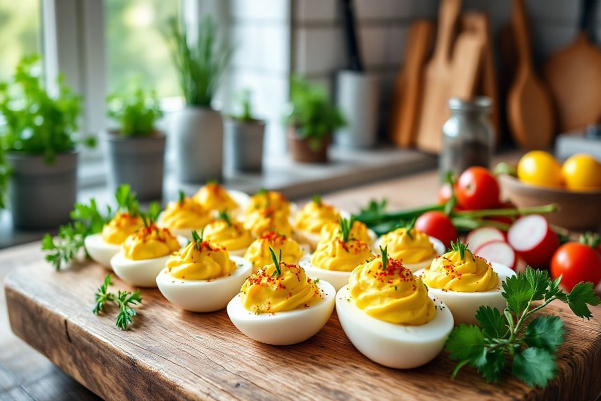 A photorealistic image of a beautifully arranged platter of dairy-free deviled eggs sits elegantly on a rustic wooden table. The deviled eggs, filled with a smooth, creamy mixture of vibrant yellow yolks and dairy-free mayonnaise, are garnished with a sprinkle of bright paprika and fresh green herbs like chives and parsley. Surrounding the platter are colorful, seasonal vegetables such as cherry tomatoes, cucumber slices, and radishes, adding a fresh and inviting touch. The soft natural light filters through a nearby window, casting gentle shadows and enhancing the glossy finish of the eggs. In the background, a blurred out, stylish kitchen setting with potted herbs and utensils adds to the culinary atmosphere, inviting viewers to explore the delicious world of dairy-free cooking. The overall composition exudes warmth and health, perfectly capturing the essence of modern culinary creativity focused on nutritious, dairy-free alternatives.