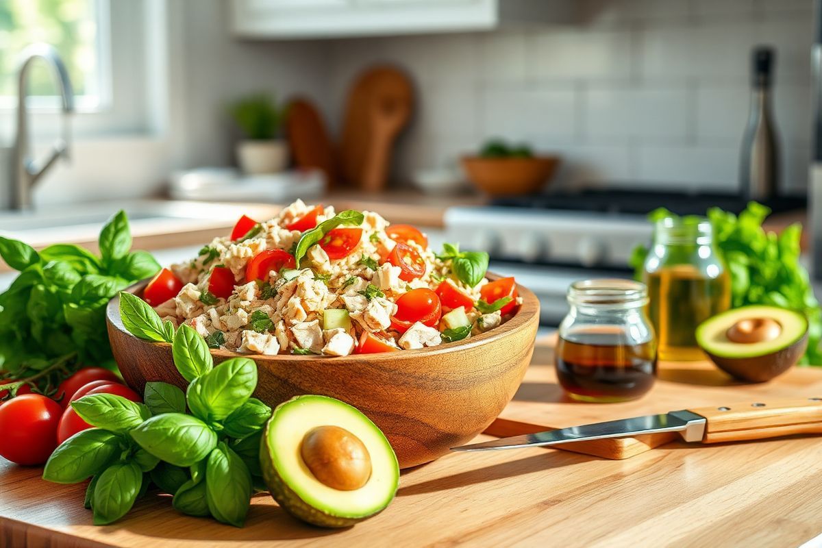 A vibrant and inviting kitchen countertop scene featuring a beautifully arranged chicken salad in a rustic wooden bowl. The salad boasts a colorful mix of shredded chicken, halved cherry tomatoes, creamy diced avocado, bright green basil leaves, and finely chopped shallots. Surrounding the bowl are fresh ingredients: whole cherry tomatoes, a ripe avocado sliced in half, and a bunch of fragrant basil. To the side, a small glass jar filled with olive oil and balsamic vinegar adds a touch of elegance. The background showcases a sunlit kitchen with soft, natural light pouring in through a nearby window, illuminating the freshness of the ingredients. A wooden cutting board with a knife rests nearby, hinting at the preparation process. The overall composition is warm and inviting, emphasizing the freshness and healthiness of the meal, making it an ideal decorative image for a food blog or culinary article.