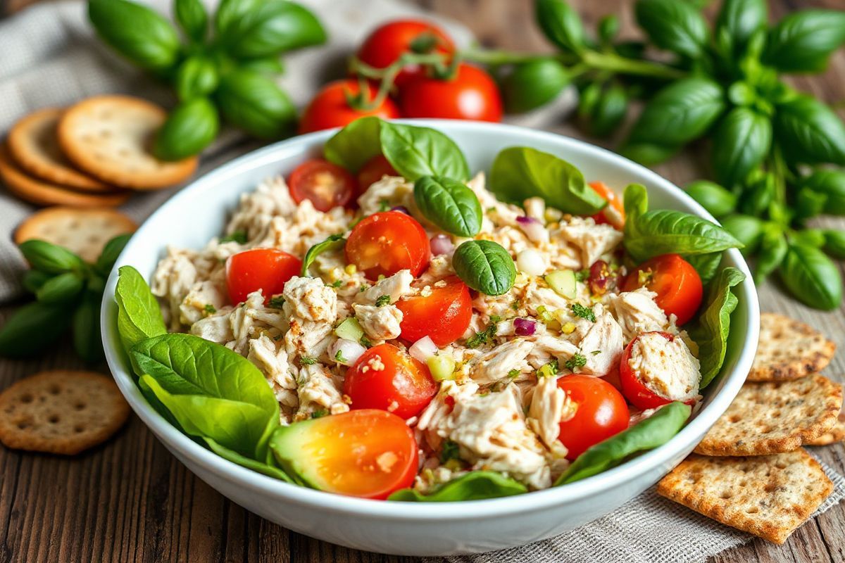 A beautifully arranged chicken salad sits on a rustic wooden table, showcasing a vibrant medley of colors and textures. The salad features tender, shredded chicken breast sprinkled with fresh, bright green basil leaves. Juicy cherry tomatoes, halved and glistening with moisture, add a pop of red, while creamy, diced avocado enhances the dish with its rich, pale green hue. Delicate shallots, finely chopped, introduce a subtle hint of purple, complementing the overall color palette. The salad is lightly drizzled with a golden olive oil and balsamic vinegar dressing, glistening in the soft, natural light. Surrounding the bowl are rustic whole-grain crackers and slices of artisanal bread, invitingly positioned to enhance the meal. In the background, a sprig of fresh basil and a few whole tomatoes rest on a textured cloth, creating a warm and inviting atmosphere. The image captures the essence of freshness and health, making it an ideal representation of a delicious chicken salad ready to be enjoyed for lunch or dinner.