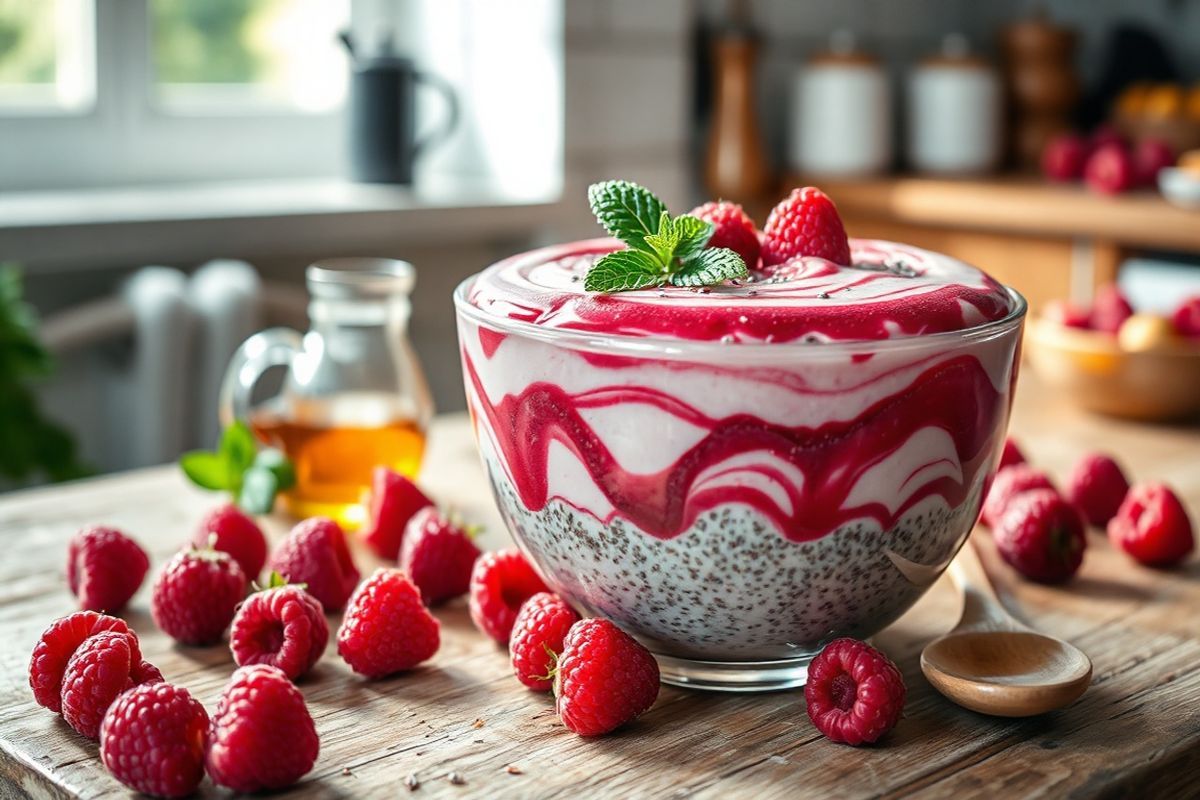 A photorealistic decorative image featuring a vibrant bowl of raspberry sherbet chia pudding. The pudding is beautifully layered, showcasing a marbled effect with rich raspberry puree swirling atop a creamy, light-colored chia pudding base. The bowl is placed on a rustic wooden table, surrounded by fresh raspberries scattered artfully around it. A few chia seeds are sprinkled on top for added texture, alongside a garnish of mint leaves for a pop of color. In the background, a soft-focus kitchen setting can be seen, with natural light streaming in through a nearby window, casting gentle shadows and highlighting the freshness of the ingredients. A small jar of maple syrup is positioned nearby, hinting at the sweetness within the pudding, while a wooden spoon rests beside the bowl, inviting viewers to indulge in this healthy dessert. The overall composition exudes a sense of warmth and freshness, emphasizing the delicious and nutritious qualities of the chia pudding.