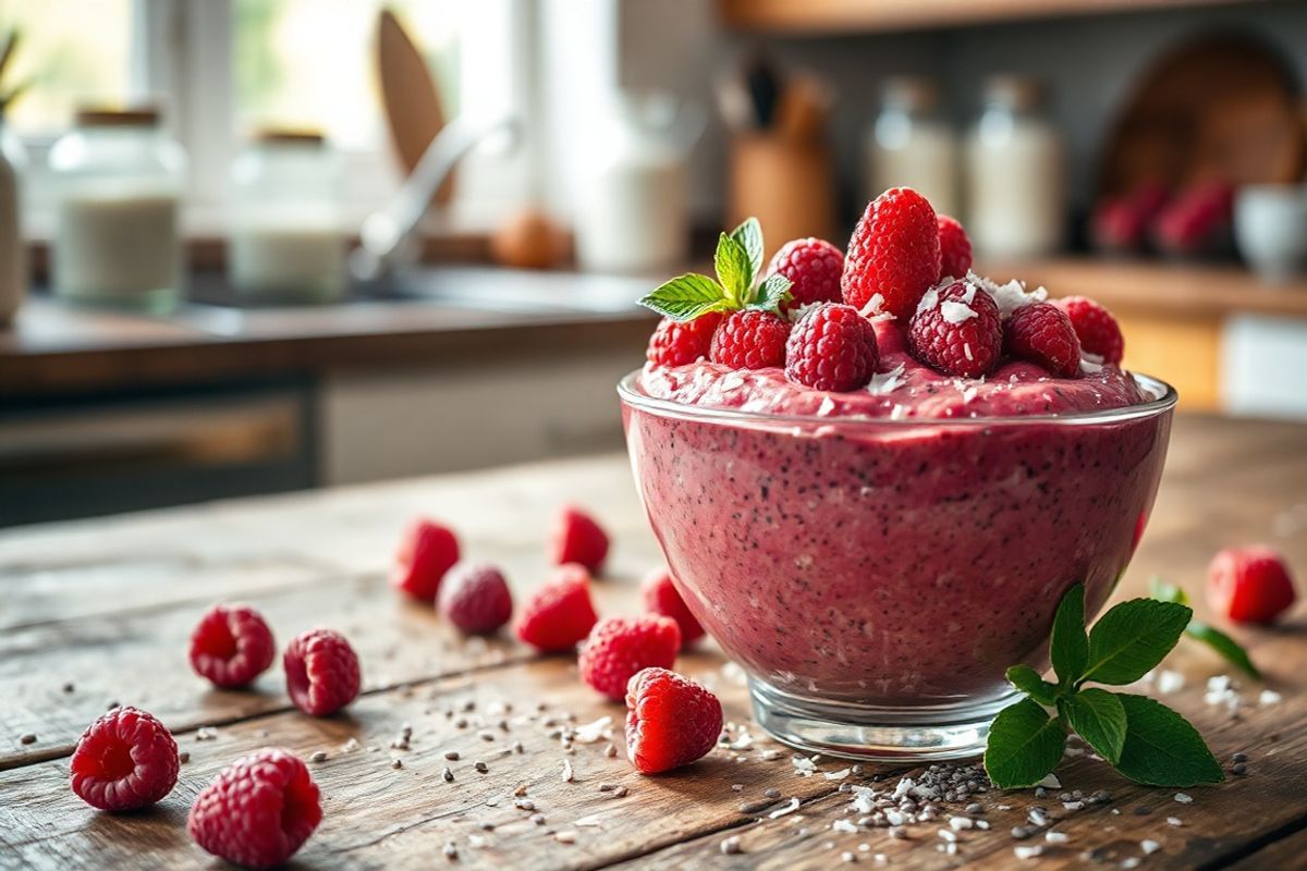 A beautifully arranged bowl of vibrant raspberry sherbet chia pudding sits on a rustic wooden table, illuminated by soft, natural light streaming through a nearby window. The pudding, rich in a deep pink hue, is topped with a scattering of fresh raspberries and a sprinkle of coconut flakes, adding texture and visual appeal. Surrounding the bowl are scattered chia seeds, glistening like tiny gems, and a few mint leaves for a pop of green. In the background, a blurred view of a kitchen countertop showcases jars of almond milk and maple syrup, hinting at the simple ingredients used to create this healthy dessert. The overall atmosphere is warm and inviting, emphasizing the deliciousness and health benefits of chia pudding. The image captivates with its photorealistic detail, highlighting the creamy texture of the pudding and the freshness of the fruit, making it an enticing representation of a nutritious and indulgent treat.