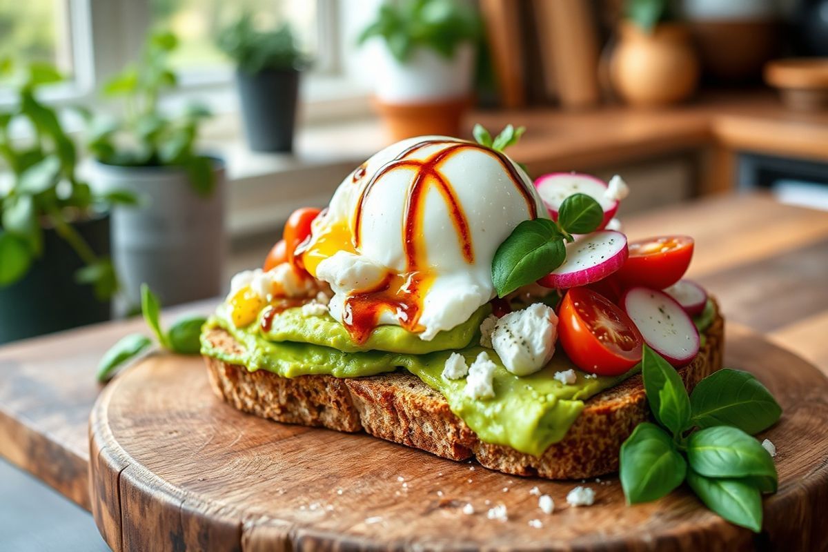 A beautifully arranged plate of avocado toast sits atop a rustic wooden table, bathed in natural light. The toast, made from thick slices of whole-grain bread, is generously spread with creamy, ripe avocado, showcasing its vibrant green color. On top of the avocado, a perfectly poached egg glistens with a soft, runny yolk, invitingly oozing onto the toast. Surrounding the toast are colorful toppings: bright red cherry tomatoes halved and scattered, thinly sliced radishes adding a pop of pink, and crumbled feta cheese sprinkled for a tangy contrast. Fresh basil leaves peek out, adding a touch of green, while a light drizzle of balsamic glaze weaves through the arrangement. The background features a softly blurred kitchen setting, with hints of greenery from potted herbs and a warm, inviting atmosphere, perfectly highlighting the wholesome and nutritious appeal of the meal. The overall composition conveys a sense of freshness, health, and culinary creativity, enticing viewers to savor the deliciousness of avocado toast.