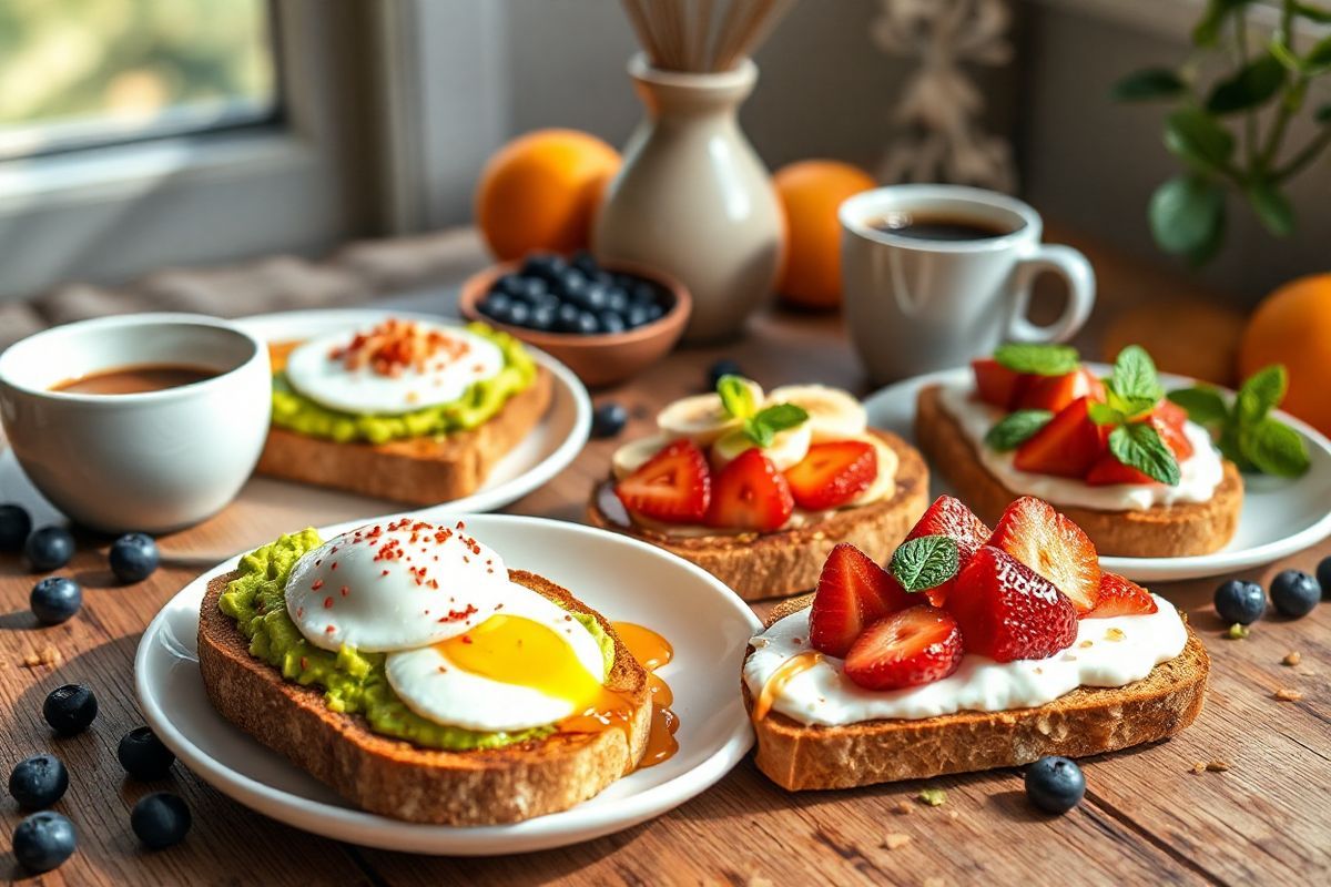 A beautifully arranged breakfast scene featuring a rustic wooden table adorned with three gourmet breakfast toasts. Each toast is artfully displayed on a white ceramic plate. The first toast, topped with vibrant green mashed avocado, a perfectly poached egg, and a sprinkle of red pepper flakes, emits an inviting aroma. Beside it, the second toast showcases creamy peanut butter spread thickly on whole wheat bread, adorned with luscious banana slices, drizzled with a hint of honey, and garnished with crushed nuts for added texture. The final toast is a delightful blend of Greek yogurt spread, topped with fresh, glistening strawberries and a touch of honey, surrounded by scattered mint leaves for a pop of color. The background is softly blurred, featuring a hint of morning sunlight streaming through a nearby window, casting warm tones over the scene. A cup of steaming coffee sits nearby, completing the inviting and wholesome breakfast ambiance, with an array of fresh fruits like blueberries and oranges adding a vibrant touch to the overall composition.