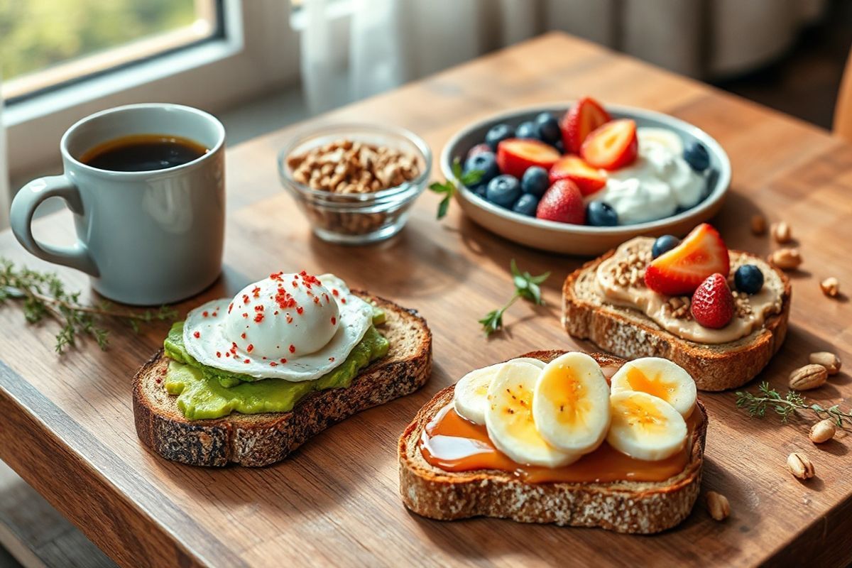 A beautifully arranged breakfast scene featuring a wooden table set with a variety of gourmet toast options. At the forefront, there’s a slice of whole-grain toast topped with creamy avocado, a perfectly poached egg, and a sprinkle of red pepper flakes, showcasing vibrant colors. Beside it, another slice displays peanut butter smeared generously with banana slices and a light drizzle of honey, creating an inviting, delicious look. In the background, a plate of Greek yogurt adorned with fresh strawberries, blueberries, and a dusting of granola adds a refreshing touch. Surrounding the toasts are delicate sprigs of fresh herbs and a small bowl of mixed nuts, enhancing the rustic feel. Soft morning light filters through a nearby window, casting gentle shadows and illuminating the textures of the bread and toppings. A cup of steaming coffee sits elegantly to one side, completing the inviting breakfast tableau. The overall composition is warm and inviting, emphasizing the healthful, protein-rich nature of the meal, perfect for a vibrant start to the day.