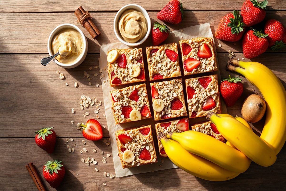 A beautifully arranged flat lay of homemade strawberry banana breakfast bars is displayed on a rustic wooden table. The bars, cut into even squares, showcase vibrant layers of mashed bananas and chopped strawberries, with a sprinkle of oats on top. Surrounding the bars are fresh, whole strawberries and ripe bananas, their bright colors contrasting against the earthy tones of the wood. A small bowl of creamy almond butter sits nearby, with a spoon resting beside it, hinting at the ingredients used in the bars. The scene is softly illuminated by natural light filtering in from the side, casting gentle shadows that enhance the textures of the bars and fruits. A few scattered oats and a cinnamon stick add a touch of warmth and homeliness to the composition. The overall atmosphere is inviting and wholesome, emphasizing the nutritious and delicious nature of the breakfast bars, perfect for a healthy lifestyle.