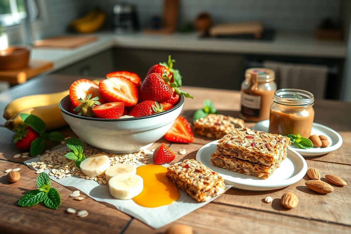 A beautifully arranged flat lay of a rustic wooden table showcasing a vibrant breakfast scene. In the center, a bowl filled with fresh strawberries and sliced bananas glistens with a light sheen of moisture, their colors vivid and inviting. Surrounding the bowl are scattered rolled oats and a drizzle of golden honey, hinting at the wholesome ingredients used in homemade breakfast bars. To one side, a few sliced breakfast bars are neatly placed on a small, white plate, revealing their chewy texture and flecks of fruit. A small jar of almond butter sits nearby, accompanied by a few whole almonds for added detail. Natural light streams in from the side, casting soft shadows and enhancing the freshness of the fruits, while a few green mint leaves are artistically placed around the scene for a pop of color. The background features a blurred view of a cozy kitchen, adding warmth and a homely feel to the composition, making it an inviting representation of a nutritious breakfast option.