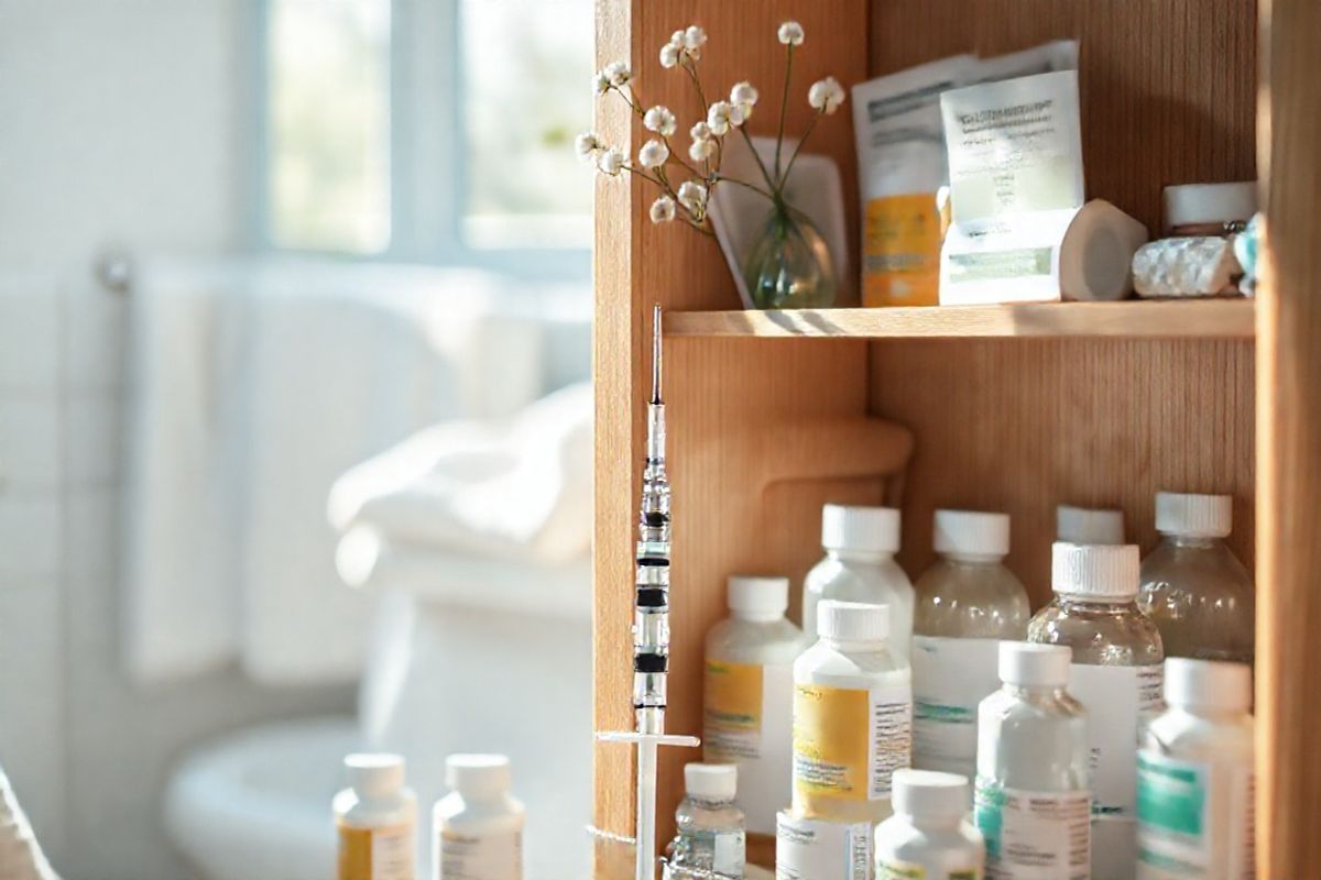 A serene and inviting scene captures a well-organized medicine cabinet filled with various medication bottles and boxes. The cabinet is made of light oak wood, exuding warmth and a sense of care. Inside, a prominently displayed Ajovy prefilled syringe, elegantly designed with a sleek, modern look, stands out against a backdrop of pastel-colored pill bottles. The soft, natural light filters through a nearby window, creating gentle shadows that add depth to the image.   Delicate white flowers in a small vase sit on a shelf above the cabinet, symbolizing hope and healing. The background features a blurred view of a cozy bathroom, adorned with soft towels and natural elements, enhancing the calming atmosphere. A few scattered migraine relief pamphlets peek from behind the bottles, hinting at support and information available to patients. The overall color palette is soothing, dominated by soft whites, light blues, and gentle greens, evoking a sense of peace and tranquility, perfect for conveying the importance of managing health and wellness in a comforting environment.