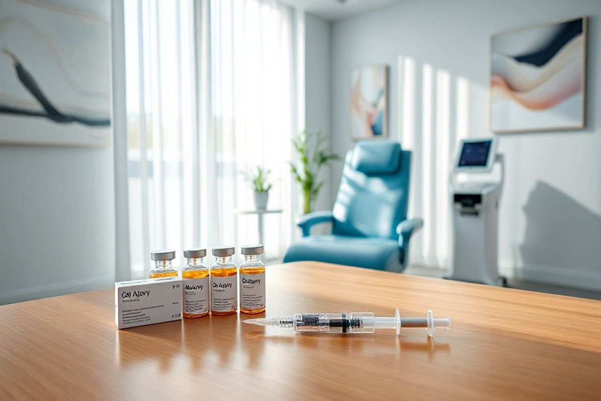 A serene and calming clinical setting featuring a sleek, modern examination room designed for migraine treatment. The room is softly illuminated by natural light streaming through large windows adorned with sheer white curtains, creating an inviting atmosphere. In the foreground, a polished wooden table displays a neatly arranged set of Ajovy medication vials in their elegant packaging, along with a prefilled syringe and autoinjector, showcasing their user-friendly design.   Behind the table, a plush examination chair in a soothing shade of blue invites patients to sit comfortably. On the walls, abstract artwork in soft pastel colors evokes tranquility, while a small potted plant adds a touch of nature, symbolizing healing and wellness. In the background, a state-of-the-art medical device subtly emphasizes the room’s focus on innovative migraine treatment. The overall composition exudes professionalism and warmth, reflecting a space where patients can feel safe and hopeful in their journey to manage migraines effectively.