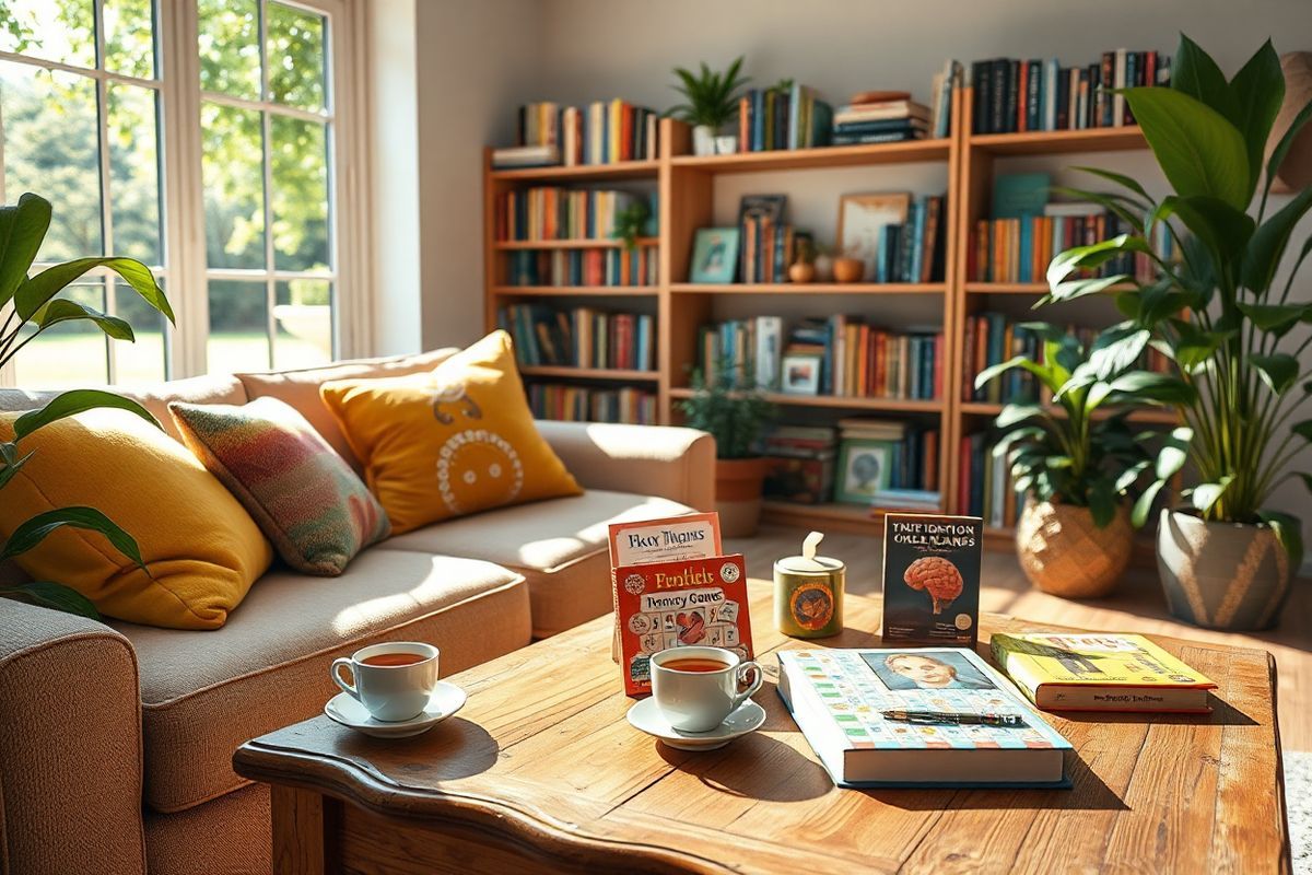 A serene and inviting living room bathed in warm, natural light. The focal point is a cozy, plush sofa adorned with colorful throw pillows, inviting relaxation. On a rustic wooden coffee table, a vibrant collection of memory games, such as a card matching game and a crossword puzzle book, is neatly arranged next to a steaming cup of herbal tea. In the background, a bookshelf filled with various brain training books and puzzles creates an atmosphere of intellectual engagement. Potted plants with lush green leaves add a touch of nature, enhancing the sense of tranquility. A large window showcases a picturesque view of a peaceful garden, with sunlight filtering through the leaves, casting gentle shadows across the room. The overall ambiance is warm and inviting, encouraging social interaction and mental stimulation in a comfortable setting.