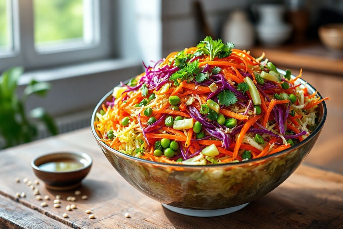 A vibrant and photorealistic decorative image showcasing an Asian chopped salad, beautifully arranged in a large, shallow bowl. The salad features a rainbow of fresh ingredients, including finely shredded green and purple cabbage, bright orange grated carrots, crisp red and yellow bell peppers, and thinly sliced cucumbers. Scattered throughout are glistening edamame pods and a sprinkle of chopped green onions, adding a pop of color. Fresh herbs like cilantro and mint are artfully placed on top, enhancing the visual appeal. The bowl is set on a rustic wooden table, surrounded by a few scattered sesame seeds and a small dish of sesame soy dressing, elegantly drizzled in a swirl. Soft natural light streams in from a nearby window, casting gentle shadows and emphasizing the textures of the vegetables. The background is softly blurred, hinting at a cozy kitchen atmosphere, making the salad the star of the image. The overall composition evokes freshness, healthiness, and a delightful culinary experience, perfectly mirroring the enticing flavors and colors of an Asian salad.