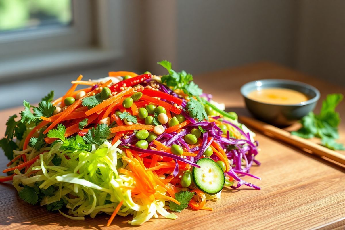 A beautifully arranged Asian chopped salad sits elegantly on a wooden table, showcasing a vibrant medley of colors and textures. The base of the salad features finely shredded green and purple cabbage, interspersed with bright orange julienned carrots. Crisp, diced bell peppers in shades of red, yellow, and green add a lively pop, while thinly sliced cucumbers provide a refreshing contrast. Scattered throughout are sprigs of fresh cilantro and mint, their green leaves glistening with moisture. Edamame beans, a rich green, add a protein-packed element, and a sprinkle of toasted sesame seeds provides a touch of warmth.   In the background, a small bowl filled with a creamy peanut dressing, drizzled with a hint of sriracha, awaits to be poured over the salad. A pair of chopsticks rests beside the bowl, inviting the viewer to indulge. The natural light filtering through a nearby window enhances the freshness of the ingredients, casting soft shadows and creating a warm, inviting atmosphere. The scene captures the essence of healthy eating, emphasizing the beauty and appeal of a nutritious Asian salad, enticing anyone who gazes upon it to enjoy the culinary delight.