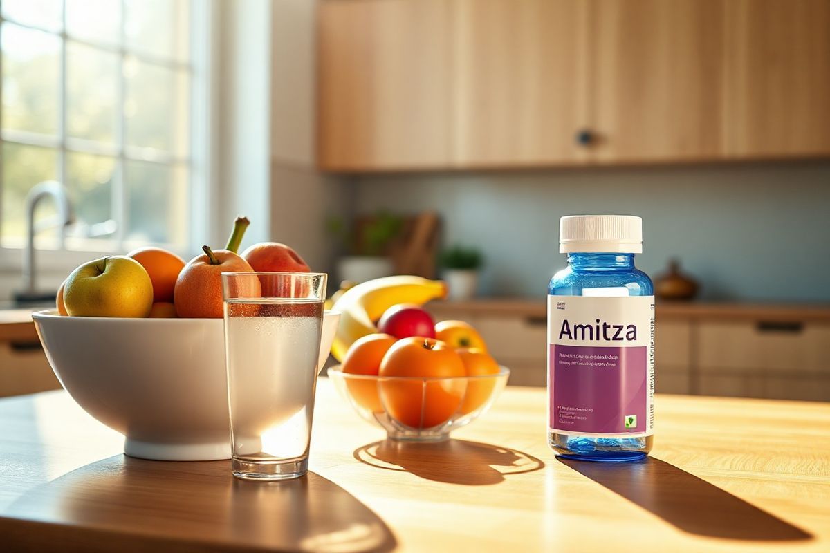 A photorealistic image depicting a serene kitchen scene, bathed in warm, natural sunlight streaming through a large window. On a polished wooden countertop, there is an elegant glass of clear water alongside a white ceramic bowl filled with fresh, colorful fruits—such as vibrant apples, ripe bananas, and juicy oranges—symbolizing health and vitality. In the background, a small potted plant adds a touch of greenery, enhancing the fresh and inviting atmosphere. The kitchen’s soft, neutral color palette, combined with the warm wooden tones, creates a cozy and welcoming environment. A bottle of Amitiza, styled as an elegant, unmarked capsule bottle, sits subtly in the corner, emphasizing the theme of health and wellness without drawing attention away from the overall peaceful and wholesome kitchen setting. The light creates gentle shadows, adding depth and dimension to the image, while the overall composition invites a sense of calm and well-being, perfectly aligning with the themes of proper medication administration and a healthy lifestyle.