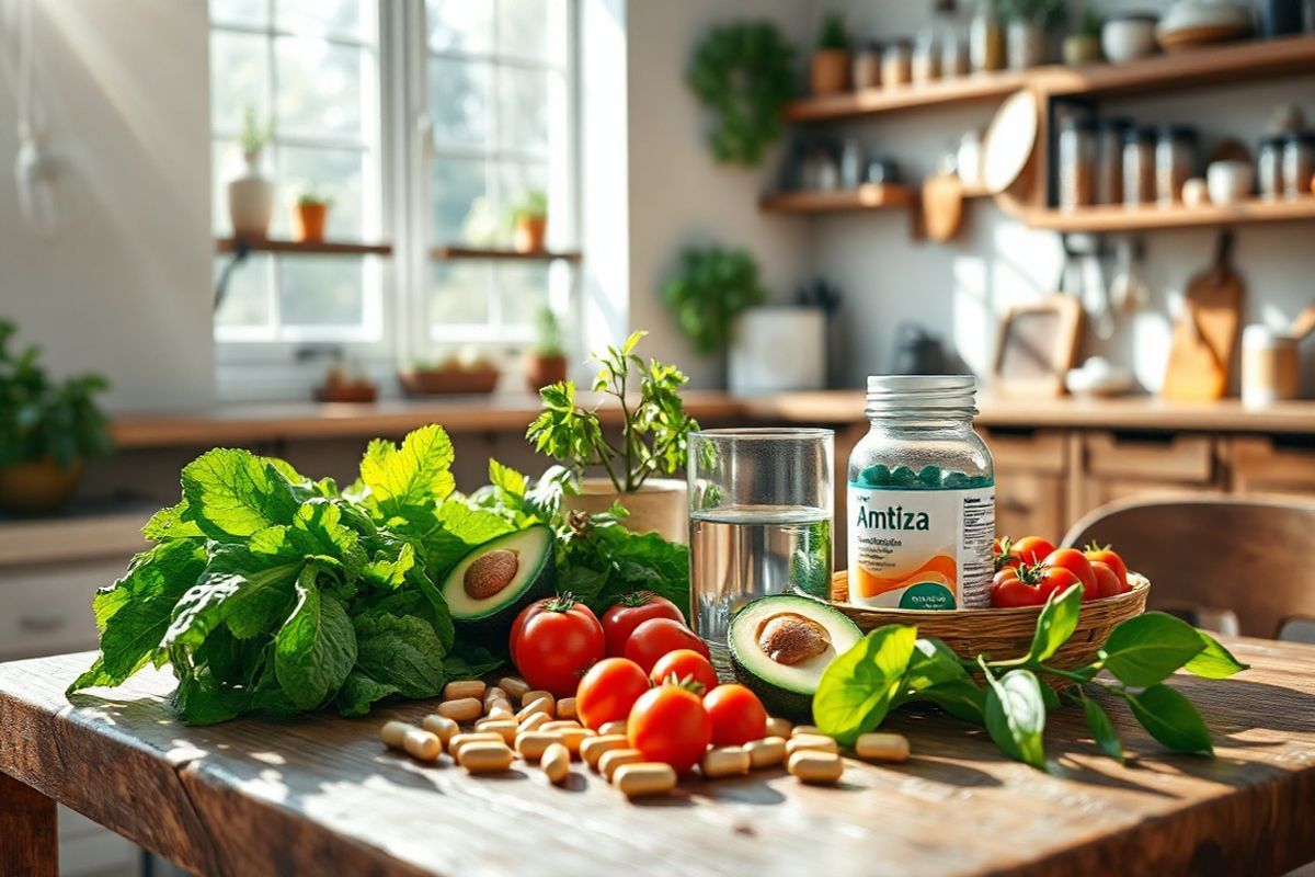 A photorealistic image depicts a serene and inviting kitchen setting, bathed in soft, natural light filtering through a large window. The focal point is a rustic wooden table adorned with a stylish arrangement of fresh ingredients: vibrant green leafy vegetables, ripe avocados, and a bowl of plump, juicy tomatoes, symbolizing health and wellness. Beside the vegetables, a glass of clear water sits next to an open bottle of Amitiza capsules, their shiny, colorful surfaces reflecting the light. The background features neatly organized kitchen shelves filled with various herbs, spices, and cooking utensils, creating an atmosphere of warmth and comfort. A small potted plant adds a touch of greenery to the scene, emphasizing the theme of natural health. Sunlight casts gentle shadows on the table, enhancing the depth and richness of the colors, while a subtle hint of a cozy living area can be seen in the background, suggesting a homey, nurturing environment. The overall composition conveys a sense of balance, care, and a commitment to well-being, aligning perfectly with the themes of medication, health management, and a wholesome lifestyle.