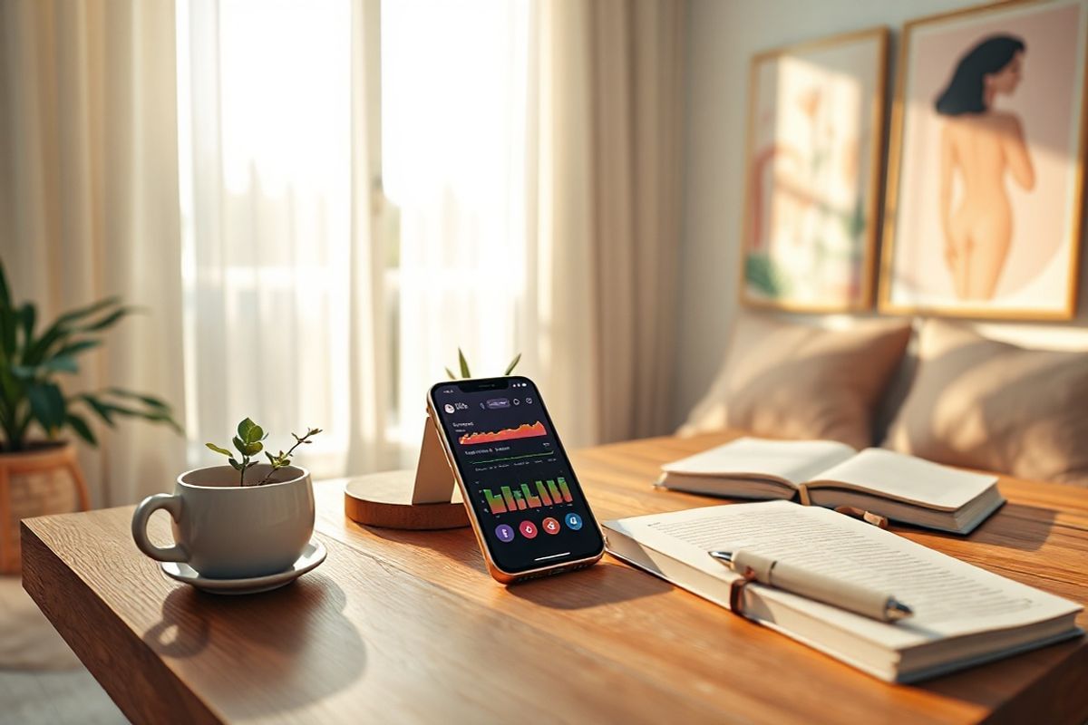 A serene and photorealistic depiction of a cozy, softly lit room designed for self-reflection and wellness. In the foreground, a wooden table adorned with a sleek smartphone displaying a vibrant period tracker app interface, showcasing colorful graphs and health insights. Surrounding the phone are delicate items such as a small potted plant, a steaming cup of herbal tea, and a journal with a pen, symbolizing mindfulness and self-care. In the background, a large window allows warm sunlight to filter through sheer curtains, illuminating the space and casting gentle shadows. On the walls, soft pastel-colored artwork depicting abstract representations of the female form and nature enhances the atmosphere of empowerment and health awareness. The overall composition exudes a sense of peace, promoting the idea of understanding and embracing one’s body, while inviting the viewer to engage in their health journey. The colors are warm and inviting, with natural tones and hues of green, pink, and beige, creating a harmonious and uplifting environment.