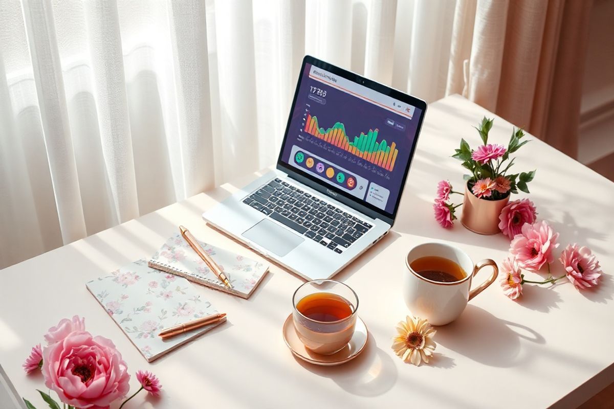 A beautifully arranged flat lay of a cozy, inviting workspace dedicated to women’s health and well-being. The image features a soft, pastel-colored desk with a stylish laptop open to a period tracking app interface, displaying colorful graphs and cycle predictions. Surrounding the laptop are elegant stationery items, including a floral notepad, a rose gold pen, and a small potted plant adding a touch of greenery. Nearby, there’s a delicate mug filled with herbal tea, steam gently rising, symbolizing relaxation and self-care. Scattered around are vibrant flowers, perhaps peonies or daisies, enhancing the overall warmth and femininity of the scene. In the background, soft, diffused natural light filters through sheer curtains, casting gentle shadows that create a serene atmosphere. This inviting setup reflects a moment of reflection and empowerment, encouraging women to take charge of their health while enjoying a tranquil and aesthetically pleasing environment.