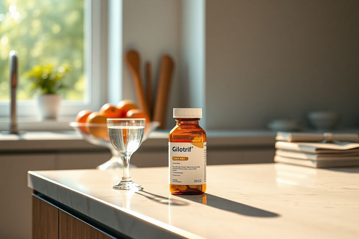 A serene, photorealistic image of a tranquil setting in a modern kitchen, featuring a sleek marble countertop with a minimalist design. On the countertop, there is a prescription bottle of Gilotrif, its label subtly blurred to maintain focus on the bottle itself. Next to it, an elegant glass of water sits invitingly, reflecting soft, natural light streaming in through a nearby window, which showcases a lush green garden outside. In the background, a fresh fruit bowl filled with vibrant apples and oranges adds a pop of color, symbolizing health and vitality. The kitchen is bathed in warm, ambient lighting, creating a calming atmosphere that encourages a sense of routine and care. Subtle details like a small potted plant on the windowsill and a neatly arranged stack of health literature nearby enhance the overall aesthetic, suggesting a balanced lifestyle. The composition conveys a sense of thoughtful preparation, aligning perfectly with the importance of adhering to medication schedules while emphasizing wellness and serenity.