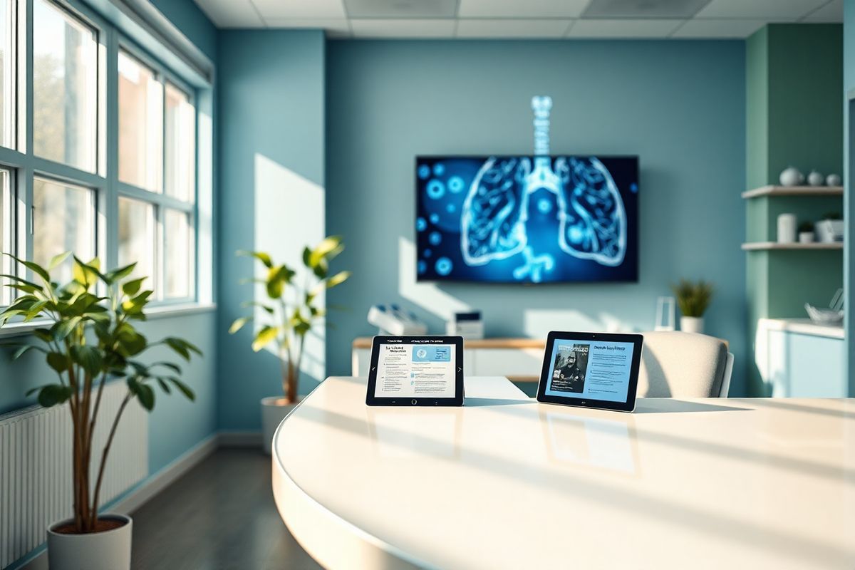 A photorealistic image depicting a serene healthcare environment featuring a modern medical office. The foreground showcases a sleek, glass-top consultation desk adorned with a few neatly arranged medical brochures and a digital tablet displaying health information. Soft, natural light filters in through large windows, illuminating the room with a warm glow. In the background, a wall-mounted display screen presents an abstract representation of lung cells and genetic mutations, symbolizing advanced cancer research and treatments. The walls are painted in calming shades of blue and green, promoting a peaceful atmosphere. A potted plant sits in the corner, adding a touch of nature, while a comfortable chair is positioned next to the desk, inviting patients to sit and discuss their treatment options. Subtle medical instruments can be seen on a shelf, emphasizing the focus on patient care. The overall composition radiates a sense of hope and professionalism, reflecting the importance of personalized cancer treatment and the advancements in targeted therapies like Gilotrif.