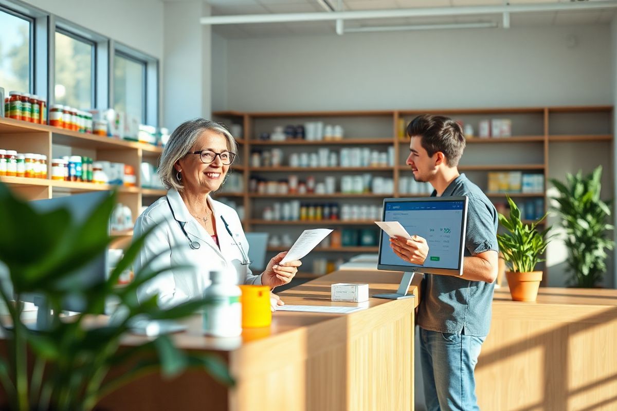 A photorealistic decorative image depicts a serene, well-lit pharmacy interior, showcasing a clean and organized space. The focal point is a sleek wooden counter adorned with a variety of colorful prescription bottles and medication boxes, some featuring familiar labels. Behind the counter, neatly shelved rows of pharmaceutical products are displayed, with soft, natural light filtering through large windows, casting gentle shadows. In the foreground, a friendly pharmacist, a middle-aged woman with glasses and a warm smile, is engaged in conversation with a patient, a young adult holding a prescription in hand. The ambiance is calm and inviting, with potted plants adding a touch of greenery to the environment. Additionally, a computer screen on the counter displays a medication management software interface, subtly suggesting the importance of personalized care. The overall atmosphere conveys a sense of trust, support, and accessibility, capturing the essence of a patient-centered approach to healthcare, particularly in navigating medication costs and alternatives.