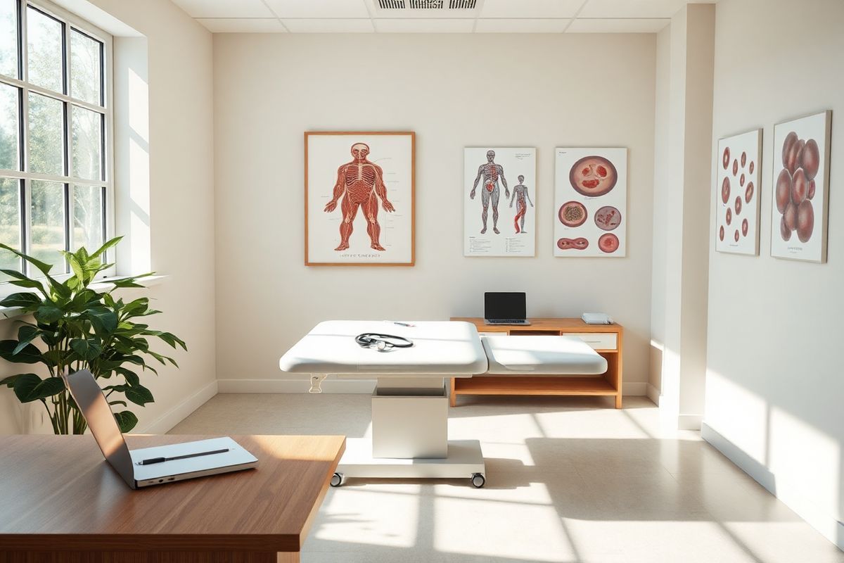 A photorealistic image depicting a serene medical setting, featuring a well-lit consultation room in a healthcare facility. The room is adorned with soft, neutral-toned walls and a large window allowing natural light to stream in, creating a warm and inviting atmosphere. In the center, there is a sleek, modern examination table with crisp white linens, flanked by a wooden desk that holds a stethoscope, a notepad, and a laptop. On the wall, framed anatomical charts of the human body and illustrations of blood cells provide educational context. A potted plant in the corner adds a touch of greenery, symbolizing health and vitality. The image captures a sense of hope and healing, reflecting the advancements in cancer treatment and the importance of patient care, creating a visual narrative that resonates with the themes of improved survival outcomes and the importance of informed treatment decisions. The overall composition conveys a feeling of tranquility and professionalism, making it suitable for an article discussing innovative therapies like Sprycel and their impact on patient lives.