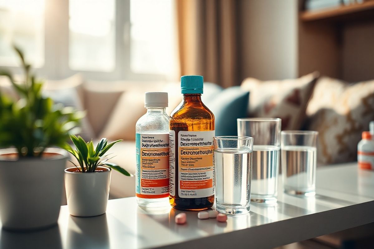 A close-up view of a serene and inviting home pharmacy shelf, softly illuminated by warm, natural light streaming through a nearby window. The shelf is neatly organized, showcasing various over-the-counter medications, including colorful bottles of dextromethorphan in liquid and tablet forms, all labeled with clear dosage instructions. Beside the medications, a small potted plant adds a touch of greenery, symbolizing health and vitality. A full glass of water sits next to the bottles, emphasizing the importance of proper administration. In the background, a cozy living room setting can be glimpsed, featuring a plush sofa and a few decorative pillows, creating an atmosphere of comfort. The overall composition conveys a sense of care, health, and the importance of responsible medication use, inviting viewers to feel reassured and informed about managing cough relief effectively. The soft focus on the background enhances the photorealistic quality, while the vibrant colors of the medications contrast beautifully with the earthy tones of the home interior.