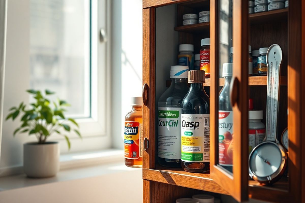 A photorealistic decorative image depicting a serene medicine cabinet scene. The cabinet is made of polished wood with glass doors slightly ajar, revealing neatly arranged bottles of various over-the-counter cough medications, including syrups and tablets, all labeled with vibrant colors and clear, detailed images of their respective brands. Soft natural light filters through a nearby window, casting gentle shadows and highlighting the textures of the cabinet and the labels. In the background, a small potted plant adds a touch of greenery, while a vintage thermometer rests on a shelf, creating a sense of warmth and home. The overall ambiance conveys a feeling of safety, comfort, and health, inviting viewers to explore the remedies within and emphasizing the importance of proper care and treatment for common ailments.