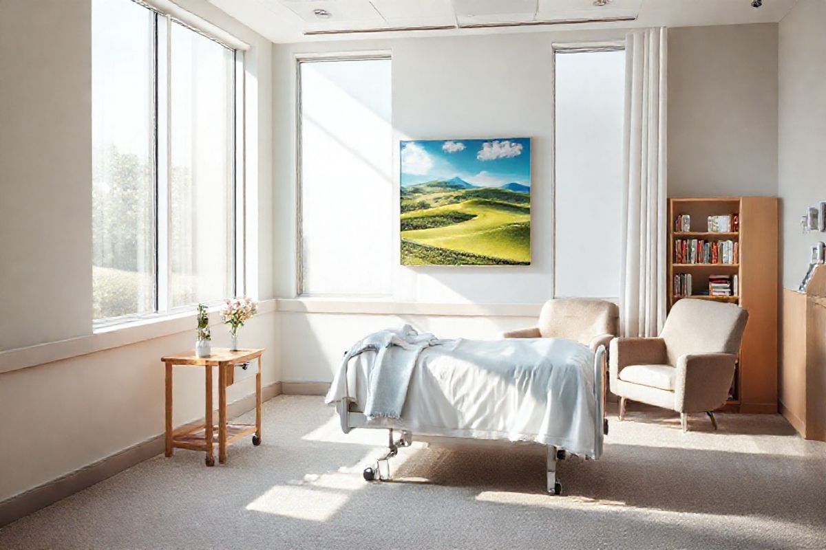 A photorealistic image depicting a serene and tranquil hospital room designed for patients undergoing treatment for Acute Myeloid Leukemia (AML). The room features soft, natural light streaming through large windows, illuminating the space with a warm glow. In the center, a comfortable hospital bed adorned with crisp white linens and a cozy, light blue blanket invites rest. Beside the bed, a small wooden bedside table holds a delicate vase of fresh flowers, adding a touch of color and life to the room. On the wall, a large painting of a peaceful landscape—lush green hills and a clear blue sky—provides an uplifting focal point. Near the window, a plush armchair offers a cozy spot for family members or friends to sit, creating an atmosphere of support and comfort. The floor is a soft, neutral-toned carpet, contributing to the calming ambiance. In one corner, a small bookshelf is filled with books and magazines, encouraging relaxation and distraction. Overall, the image conveys a sense of hope, healing, and comfort, reflecting the supportive environment for patients battling AML.