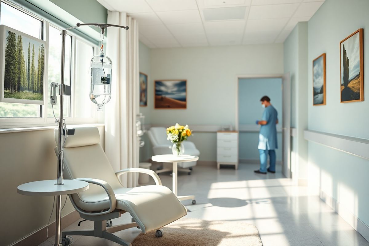 A photorealistic image of a serene hospital chemotherapy room, showcasing a bright and inviting atmosphere. The room features a large window with soft natural light streaming in, illuminating the space. A comfortable reclining chair is positioned beside an IV stand, where a clear bag of chemotherapy solution hangs gently. The walls are painted in calming pastel colors, adorned with tasteful artwork that depicts nature scenes, such as a tranquil forest or a peaceful beach. A small side table holds a vase of fresh flowers, adding a touch of warmth and life to the room. On the floor, a soft rug enhances the comfort of the space. In the background, a nurse can be seen preparing medications, exuding professionalism and compassion. The overall ambiance is one of hope and healing, symbolizing the strength and resilience of patients undergoing treatment for Acute Myeloid Leukemia (AML). This image captures the essence of a supportive and caring environment, reflecting the journey of patients as they navigate their chemotherapy treatment.