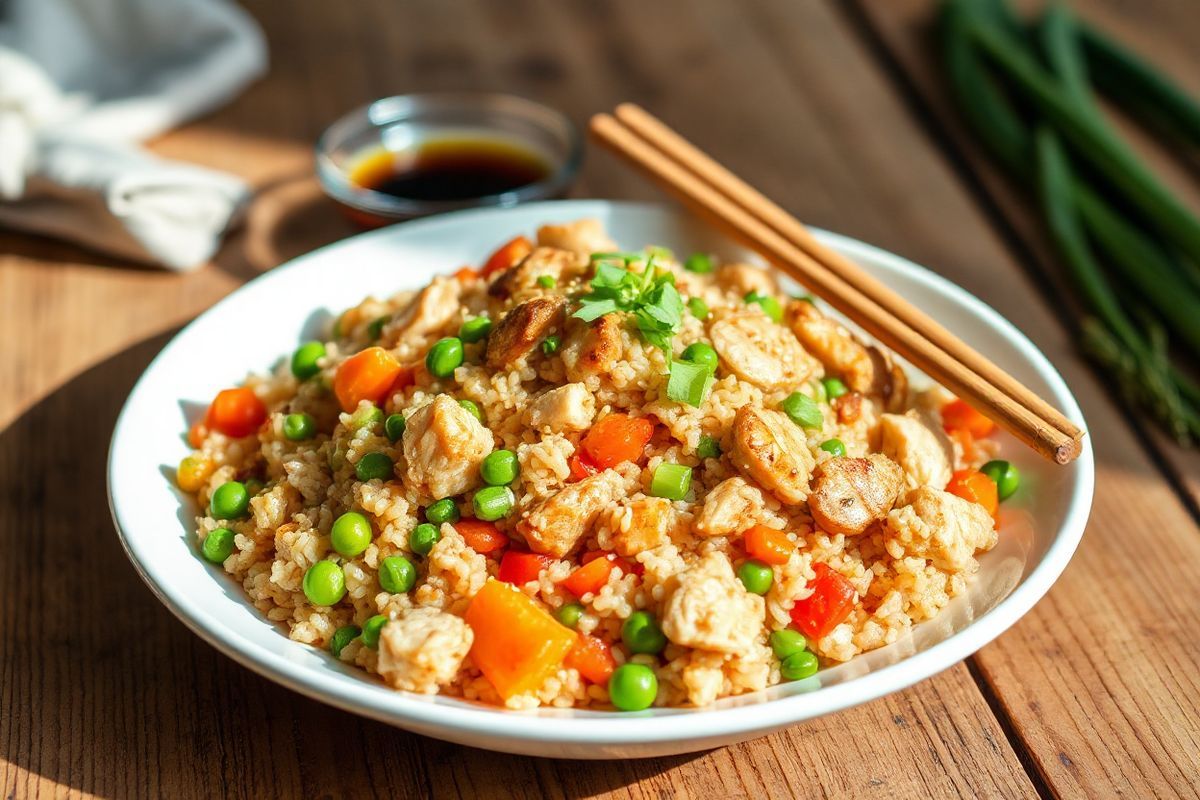 A vibrant, photorealistic image of a beautifully arranged plate of healthy chicken fried rice is depicted. The dish features fluffy brown rice, glistening with a hint of sesame oil, mixed with an array of colorful vegetables such as bright green peas, orange carrots, and red bell peppers. Tender, diced pieces of grilled chicken breast are scattered throughout, adding a golden hue to the ensemble. The plate is garnished with freshly chopped green onions and a sprinkle of toasted sesame seeds for added texture. In the background, a rustic wooden table is set, with a small bowl of low-sodium soy sauce and a pair of chopsticks elegantly placed beside the plate. Soft, natural light illuminates the scene, highlighting the freshness of the ingredients and the inviting aroma of the dish. The overall composition conveys a sense of warmth and comfort, making the viewer feel inspired to enjoy a nutritious and delicious meal.