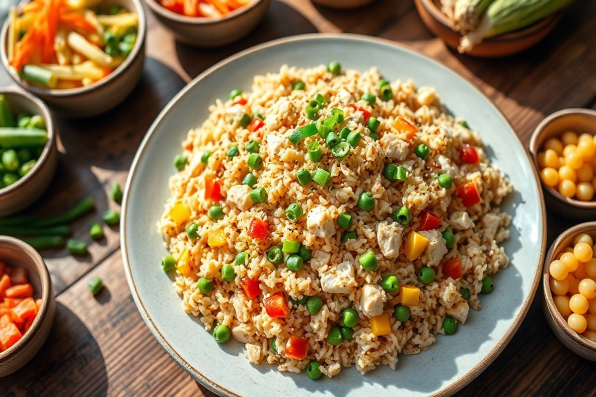 A beautifully arranged plate of healthy chicken fried rice takes center stage, showcasing vibrant colors and textures. The fried rice, made with fluffy brown rice, is studded with diced, tender pieces of chicken, bright green peas, and colorful diced bell peppers. Scattered throughout are finely chopped green onions, adding a fresh touch. The dish is garnished with a sprinkle of toasted sesame seeds, enhancing its visual appeal. Surrounding the plate are small bowls filled with additional colorful vegetables like shredded carrots and baby corn, creating an inviting scene that emphasizes freshness and health. The background features a rustic wooden table, with natural light streaming in, casting soft shadows that highlight the dish’s textures. This warm and inviting setting evokes a sense of home-cooked comfort, perfect for meal prep, enticing viewers to embrace this nutritious option. The overall composition captures the essence of wholesome cooking, making it an ideal visual representation of healthy eating and meal preparation.