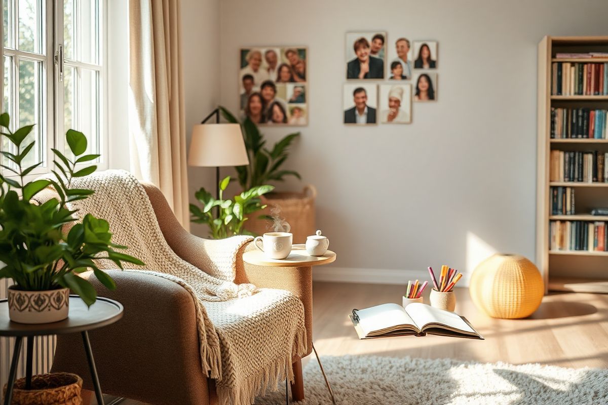 A serene and comforting scene unfolds in a softly lit room designed for caregiver support. In the foreground, a cozy armchair draped with a warm, knitted blanket invites relaxation. A small side table holds a steaming cup of herbal tea, next to an open journal and a colorful set of pens, suggesting moments of reflection and self-care.   Lush green plants in decorative pots add a touch of nature, symbolizing growth and healing. A window allows gentle sunlight to filter in, casting a warm glow across the room. On the wall, a collage of photos showcases smiling faces of friends and family, representing connection and support.   In the background, a softly glowing lamp enhances the peaceful ambiance, while a bookshelf filled with inspiring books on caregiving and wellness stands nearby. A plush rug underfoot adds comfort, completing the inviting atmosphere. This image captures the essence of emotional support, self-care, and community among caregivers, embodying a space where individuals can unwind and connect with their feelings.