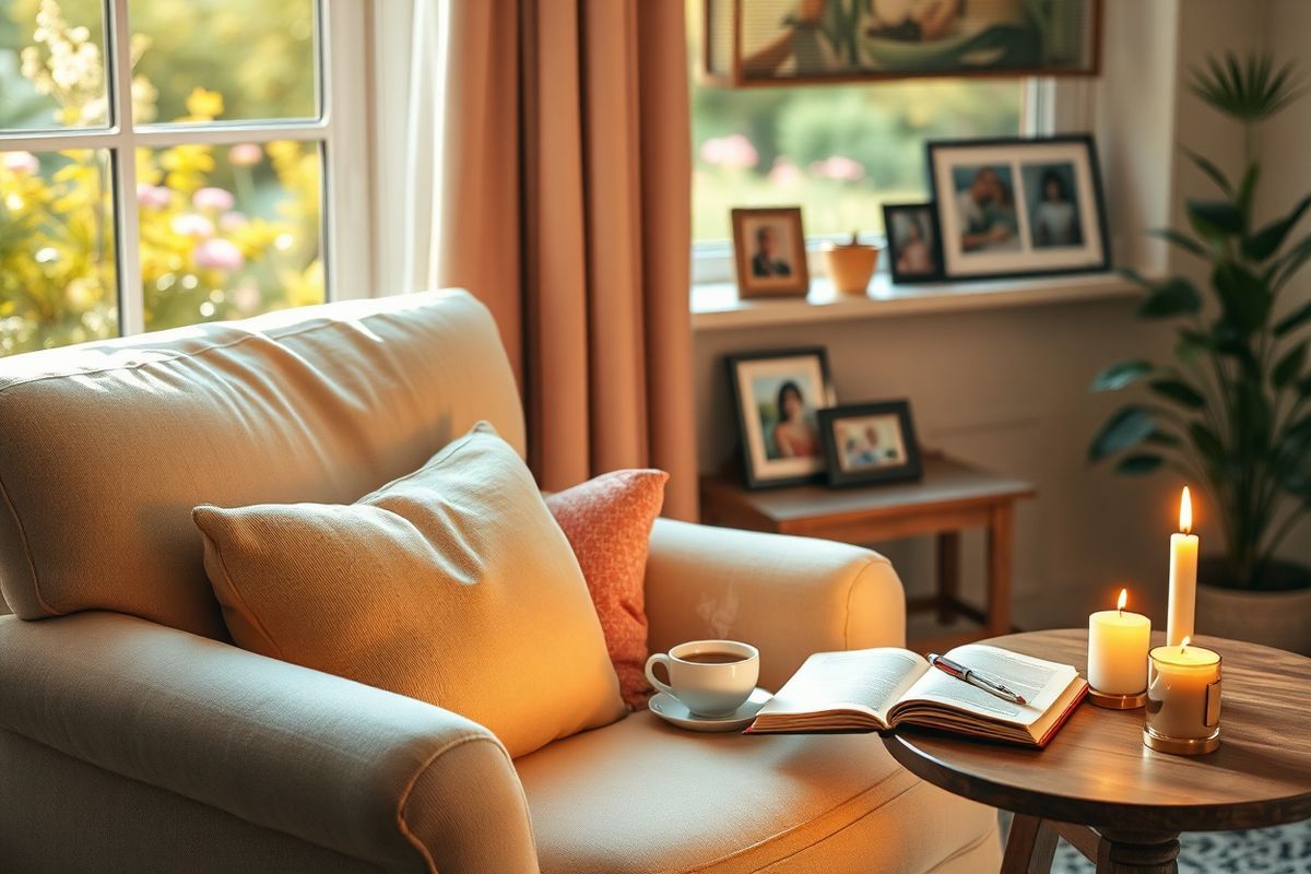 A serene and comforting scene captures a cozy living room bathed in soft, warm light during the golden hour. The focal point is a plush, overstuffed armchair upholstered in a gentle pastel fabric, adorned with a few colorful throw pillows. Nearby, a small wooden side table holds a steaming cup of herbal tea, a half-opened journal with a fountain pen resting on it, and a flickering candle casting a soft glow. In the background, a window reveals a lush garden filled with blooming flowers and greenery, symbolizing hope and renewal.   A peaceful atmosphere is enhanced by a few family photos arranged on a shelf, showcasing happy memories and connections. A potted plant sits in the corner, adding a touch of nature to the space. The overall tone is one of tranquility, reflection, and emotional support, creating a safe haven for a caregiver to pause and recharge amidst their demanding responsibilities. This image beautifully encapsulates the essence of self-care and emotional well-being that caregivers need during their journey.