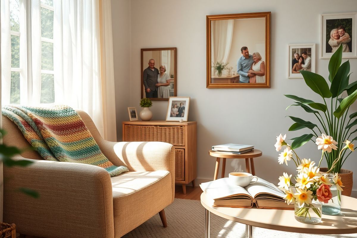 A serene and inviting living room scene captures the essence of caregiving for individuals with dementia. The room is filled with soft, natural light filtering through sheer curtains, creating a warm and comforting atmosphere. In one corner, a cozy armchair is adorned with a colorful knitted blanket, inviting rest and relaxation. Nearby, a small table holds a steaming cup of herbal tea alongside a well-worn book, symbolizing the importance of self-care and moments of tranquility for caregivers.  On the walls, framed photographs depict joyful memories of family gatherings and shared experiences, reflecting the love and connection between caregivers and their loved ones. A lush green plant adds a touch of life, emphasizing the nurturing environment caregivers strive to create.   In the foreground, a delicate vase of fresh flowers brings a pop of color, symbolizing hope and rejuvenation. The overall composition evokes a sense of peace, balance, and the essential need for caregivers to prioritize their well-being amidst the challenges they face. This image beautifully encapsulates the themes of compassion, connection, and self-care highlighted in the text.