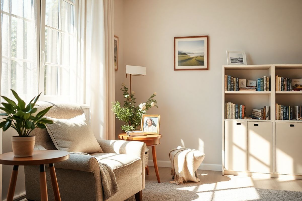 The image depicts a serene, sunlit room designed for a caregiver and their loved one with Alzheimer’s disease. A comfortable armchair with soft, inviting cushions is positioned beside a large window, where gentle rays of sunlight filter through sheer curtains, casting a warm glow. On a small wooden side table, a photo frame holds a cherished picture of a joyful moment between the caregiver and the patient, symbolizing love and connection.   Nearby, a small potted plant adds a touch of greenery and life to the space, while a cozy throw blanket drapes over the armchair, inviting relaxation. The walls are painted in calming pastel colors, and framed artwork depicting tranquil landscapes adorns the space, enhancing the peaceful ambiance.   In the background, a bookshelf filled with well-loved books and memory aids showcases the caregiver’s commitment to providing support and understanding. The overall atmosphere is one of warmth, safety, and compassion, reflecting the emotional journey of caregiving and the profound bond shared between the caregiver and the individual with dementia.