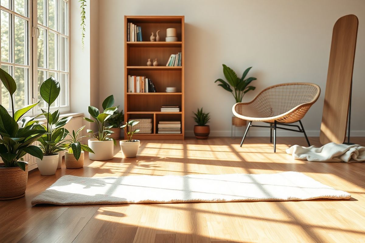 A serene indoor space bathed in warm, natural light filters through large windows, casting soft shadows on a polished wooden floor. In the foreground, a plush, inviting yoga mat is laid out, adorned with delicate floral patterns. Surrounding the mat are potted plants, such as a vibrant peace lily and a sturdy snake plant, adding a touch of greenery to the scene. A wooden bookshelf in the background holds an array of wellness books and decorative objects, like small sculptures and candles. To the side, a sturdy balance board is propped against the wall, hinting at the focus on fitness and stability. A cozy corner features a woven chair with a soft blanket draped over it, inviting moments of relaxation. The overall atmosphere is calm and nurturing, promoting a sense of health and well-being, perfectly aligned with the theme of osteoporosis prevention and the importance of exercise in maintaining bone health. The color palette is soft, with earthy tones and gentle pastels, creating a peaceful ambiance that encourages movement and mindfulness.