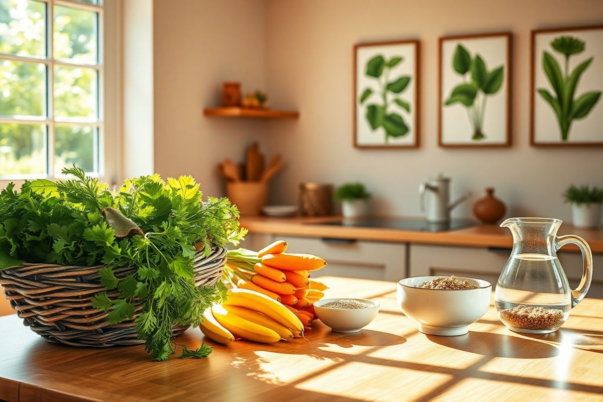 A serene and inviting kitchen scene bathed in warm, natural light, showcasing a beautifully arranged wooden table adorned with a vibrant display of fresh fruits and vegetables, symbolizing nutrition for strong bones. The table features a rustic basket overflowing with leafy greens, a cluster of bright orange carrots, and a bunch of ripe bananas, emphasizing the importance of a calcium-rich diet. In the background, a window reveals a lush garden, with sunlight streaming in and casting gentle shadows across the space. On the counter, a stylish ceramic bowl holds a selection of whole grains, and a glass pitcher filled with refreshing water, hinting at hydration and wellness. The walls are painted in soft, earthy tones, with framed botanical prints depicting leafy greens and other nutritious foods, enhancing the overall ambiance of health and vitality. This photorealistic image captures the essence of a wholesome lifestyle, encouraging viewers to embrace healthy eating habits that support bone health and overall well-being.