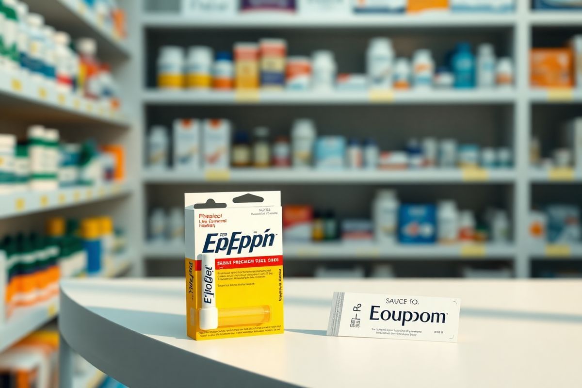 A photorealistic decorative image features a serene pharmacy setting, showcasing a well-organized shelf displaying various EpiPen products in their distinctive packaging. The focus is on a two-pack of EpiPens, prominently placed in the foreground, with soft lighting that highlights the details of the product. In the background, blurred shelves filled with other over-the-counter medications and health care items create a sense of depth and context. A small, elegant coupon card is subtly positioned next to the EpiPens, suggesting savings and accessibility, while a warm, inviting color palette of soft whites, blues, and greens enhances the overall calming atmosphere. The image captures the essence of health care accessibility, emphasizing the importance of affordability and support for those in need of life-saving medications.