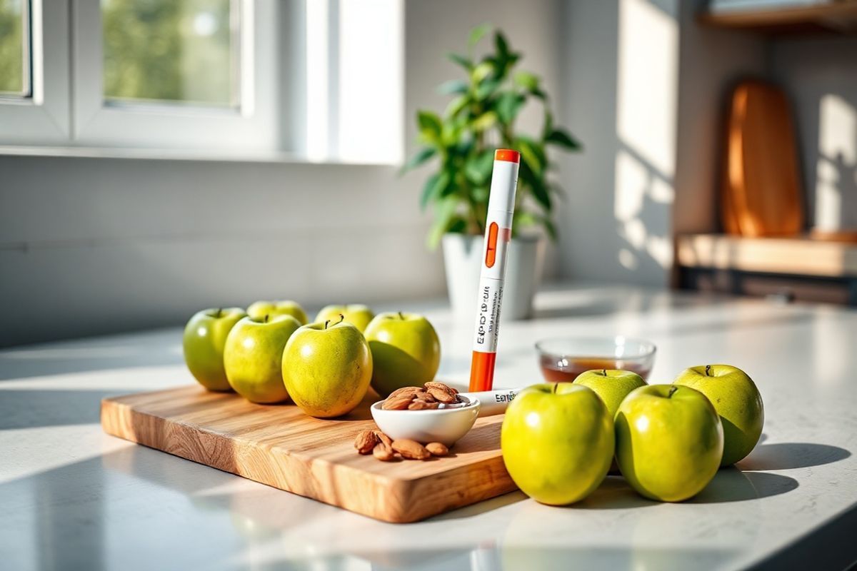 A photorealistic image depicts a serene kitchen countertop adorned with a stylish wooden cutting board. On the board, a two-pack of EpiPens is positioned prominently, showcasing their sleek design and clinical branding. Surrounding the EpiPens are fresh ingredients, including vibrant green apples, a handful of almonds, and a small bowl of honey, symbolizing a healthy lifestyle. Soft natural light streams in through a nearby window, casting gentle shadows and highlighting the textures of the wood and the shiny surfaces of the EpiPens. In the background, a potted plant adds a touch of greenery, enhancing the warm and inviting atmosphere. The overall composition conveys a sense of safety and preparedness, emphasizing the importance of having life-saving medications within reach in a home setting.