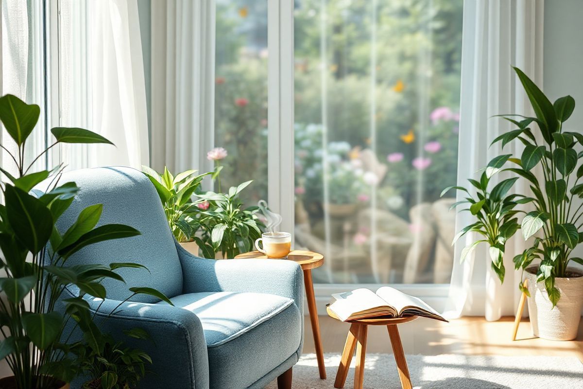 A serene and inviting indoor space with a cozy reading nook bathed in soft, natural light. The focal point is a large, plush armchair upholstered in a calming blue fabric, surrounded by a variety of lush, green houseplants that add a touch of nature. A small wooden side table holds a steaming cup of herbal tea and an open book, inviting a moment of relaxation. In the background, a softly blurred window reveals a tranquil garden scene with blooming flowers and fluttering butterflies, symbolizing the beauty of nature. The walls are painted in soothing pastel colors, enhancing the peaceful atmosphere. A gentle breeze flows through the sheer curtains, creating a sense of calm and comfort. The overall composition evokes a feeling of safety and tranquility, perfect for individuals managing asthma, emphasizing the importance of a peaceful environment in alleviating stress and potential triggers. The absence of any harsh elements or clutter reinforces a sense of serenity, making it an ideal visual accompaniment to the concepts of asthma management and relaxation.