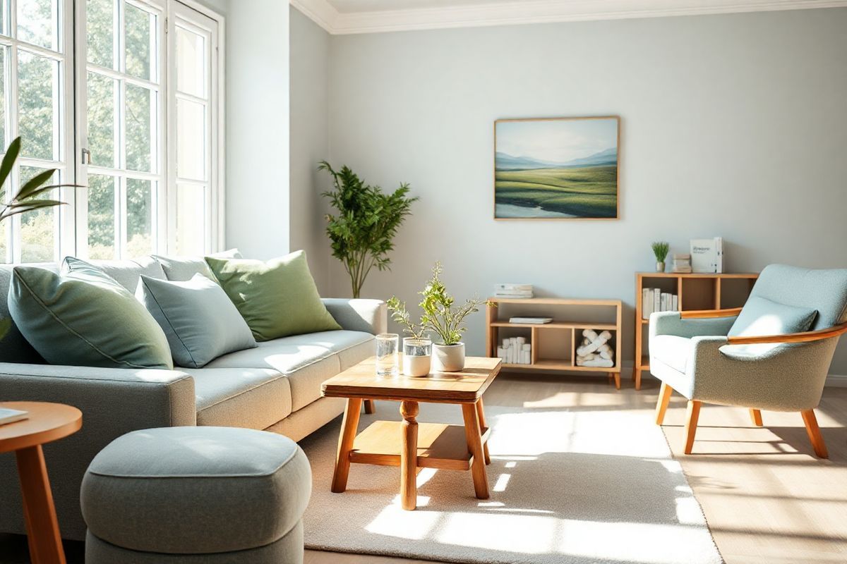 A serene indoor scene depicting a bright and airy living room, bathed in soft, natural light filtering through large windows. The room is tastefully decorated with calming colors, featuring a cozy sofa adorned with plush cushions in shades of blue and green, symbolizing tranquility. In the foreground, a small wooden coffee table holds a glass of water and a potted plant, representing a breath of fresh air and comfort. To one side, a comfortable armchair is positioned at a slight angle, inviting relaxation. Nearby, a small bookshelf displays a few well-arranged books about health and wellness, subtly hinting at the importance of managing asthma. The walls are adorned with soothing landscape art, depicting a peaceful nature scene, evoking feelings of calmness and safety. The overall ambiance of the room is peaceful and supportive, creating an environment where one can focus on breathing and relaxation, ideal for someone experiencing the aftermath of an asthma attack or needing to unwind and manage stress.